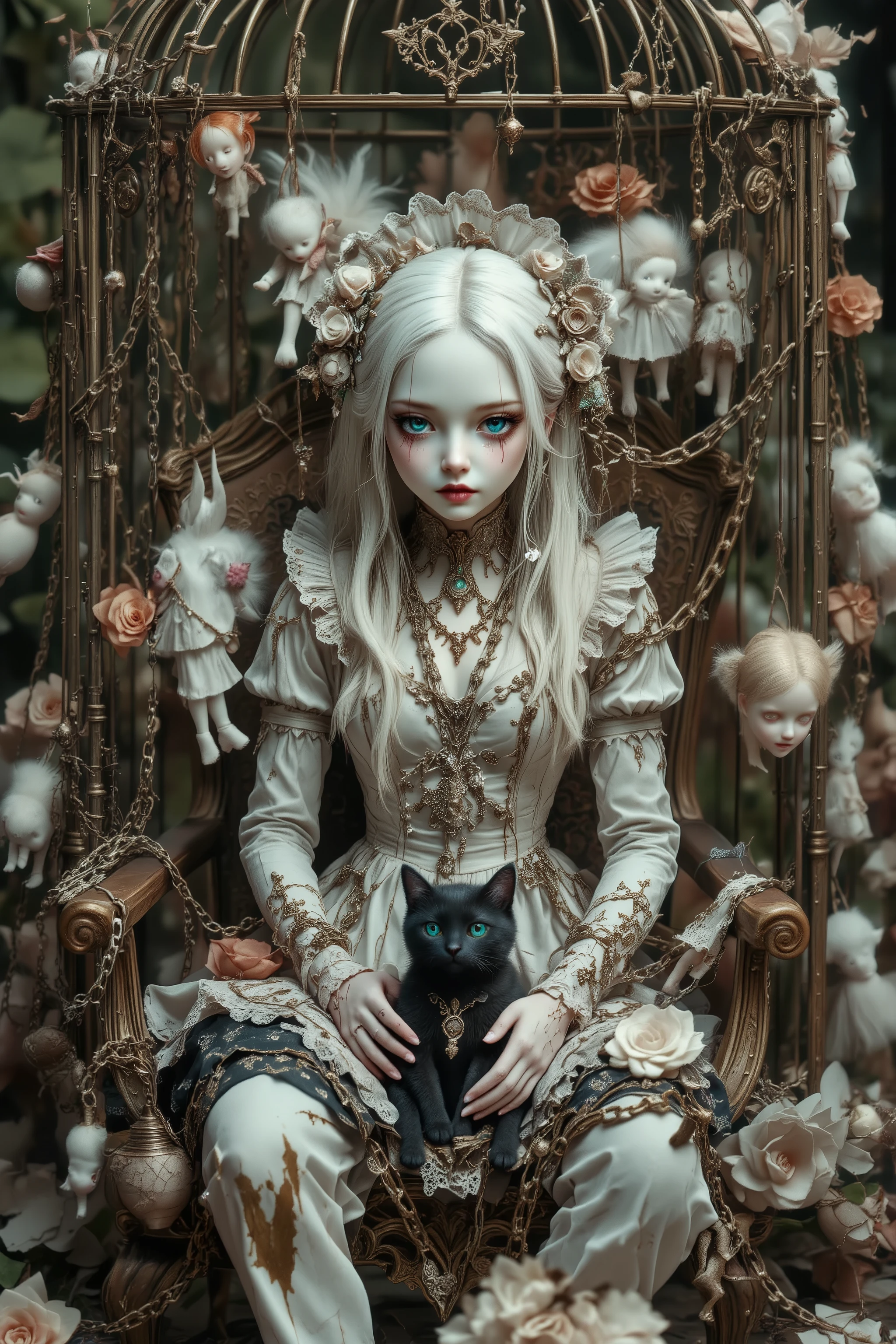 (Chained arms,antique doll,baroque doll),((small cracked face:1.5)),Porcelain skin,(sitting chair in big bird cage),((hanged many chain and many dolls)),young girl doll with 1 black kitty,melancholy,mesmerizing gaze,with no highlights in eyes,no pupils,wearing dress and maid headdress,in outdoor,beautiful and horror doll,vintage photography,dramatic,cinematic lighting,dark fairytale atmosphere,halloweendolls,PlainD0ll, ultra-realistic , as realistic as possible , cinematic quality , top quality , masterpiece , High sensitivity , High Resolution , detailed depiction , 16k , 8k , hyper realistic photo , beautiful detailed , High Definition , high detail , realistic , high detail
