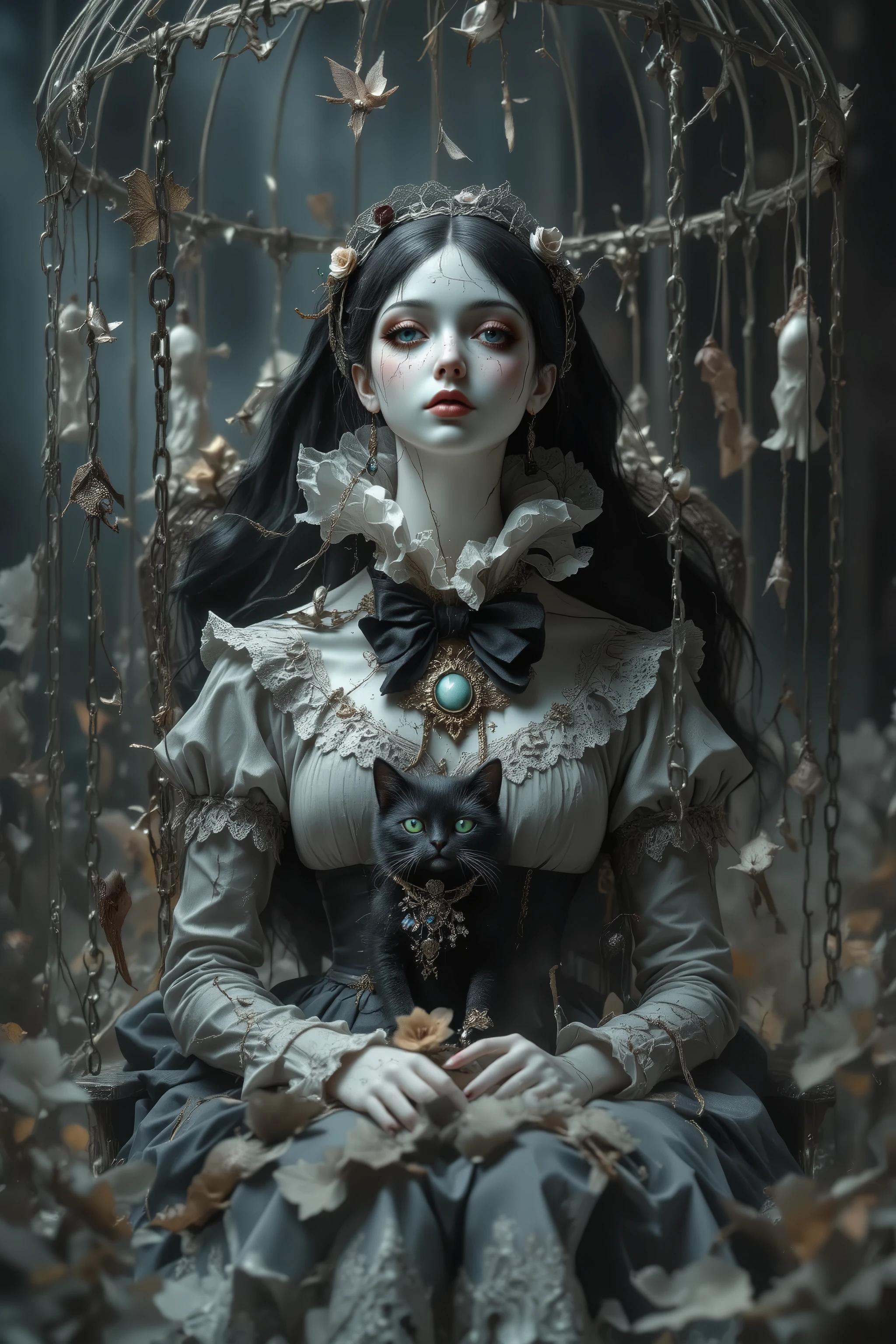 from front,(antique doll,baroque doll),((small cracked face:1.5)),Porcelain skin,(sitting chair in big bird cage,hanged many chain and string puppets),ung girl doll with 1 black kitty,melancholy,mesmerizing gaze,with no highlights in eyes,no pupils,wearing dress and maid headdress,beautiful and horror doll,vintage photography,dramatic,cinematic lighting,dark fairytale atmosphere,halloweendolls,PlainD0ll, ((ultra-realistic , as realistic as possible , cinematic quality , top quality , masterpiece , High sensitivity , High Resolution , detailed depiction , 16k , 8k , hyper realistic photo , beautiful detailed , High Definition , high detail , realistic , high detail))