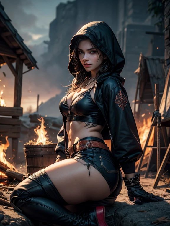 (best quality)), ((masterpiece)), (detailed), perfect face, ((best quality)), ((masterpiece)), (detailed),((Big tits)),asian girl, mortal kombat, milena style, stockings, high heels, perfect leg, mortal kombat backgroung, smoke, purple fire big boobs, smoked skulls at background, fire, burning, more smoke, black leather , more fire, ((burning village in the background)), ((stocking)), sexy, corset, cyrstal balls, ((holding a lightning fireball)) lightning,((she does magic)), ((perfect high heels)), ((she wears a hood)), ((most beatyful face))