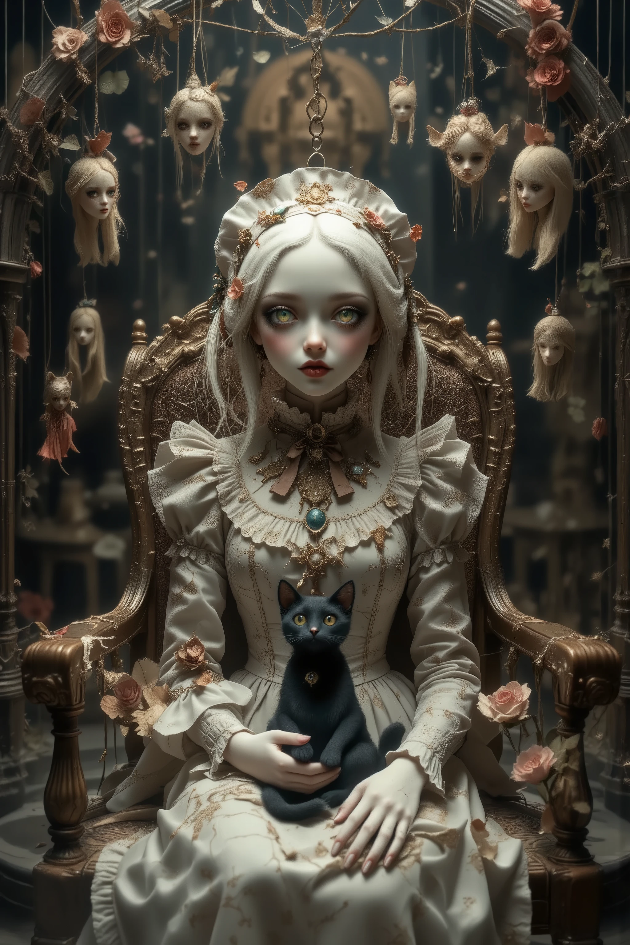 from front,(antique doll,baroque doll),small cracked Porcelain skin,(sitting chair in big bird cage,hanged many string puppets),1 mini doll with 1 black kitty,melancholy,mesmerizing gaze,with no highlights in eyes,no pupils,wearing dress and maid headdress,beautiful and horror doll,vintage photography,dramatic,cinematic lighting,dark fairytale atmosphere,halloweendolls,PlainD0ll, ((ultra-realistic , as realistic as possible , cinematic quality , top quality , masterpiece , High sensitivity , High Resolution , detailed depiction , 16k , 8k , hyper realistic photo , beautiful detailed , High Definition , high detail , realistic , high detail))