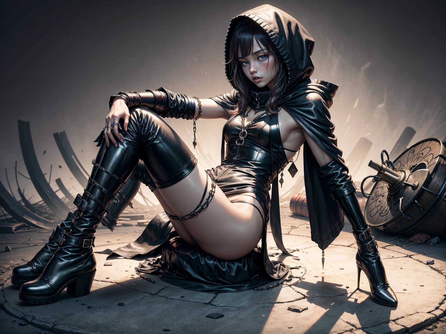 (masterpiece:1.1), (best quality:1.1), (flat colors:1.2), BREAK,
(dark fantasy:1.1), (purple theme:1.1), BREAK,
(solo:1.2), (full body pose:1.0), (hourglass body shape), (High heel boots:1.5), (dynamic:1.0), (nun:1.1), (bio mechanical:1.0), (cybernetic parts:1.1), (large breasts:1.0), (tactical vest:1.0), (with buckle and tape:1.0), (mouth mask:1.5), (Skulls on the ground), nude, nsfw, In the artstyle of marilyn manson,