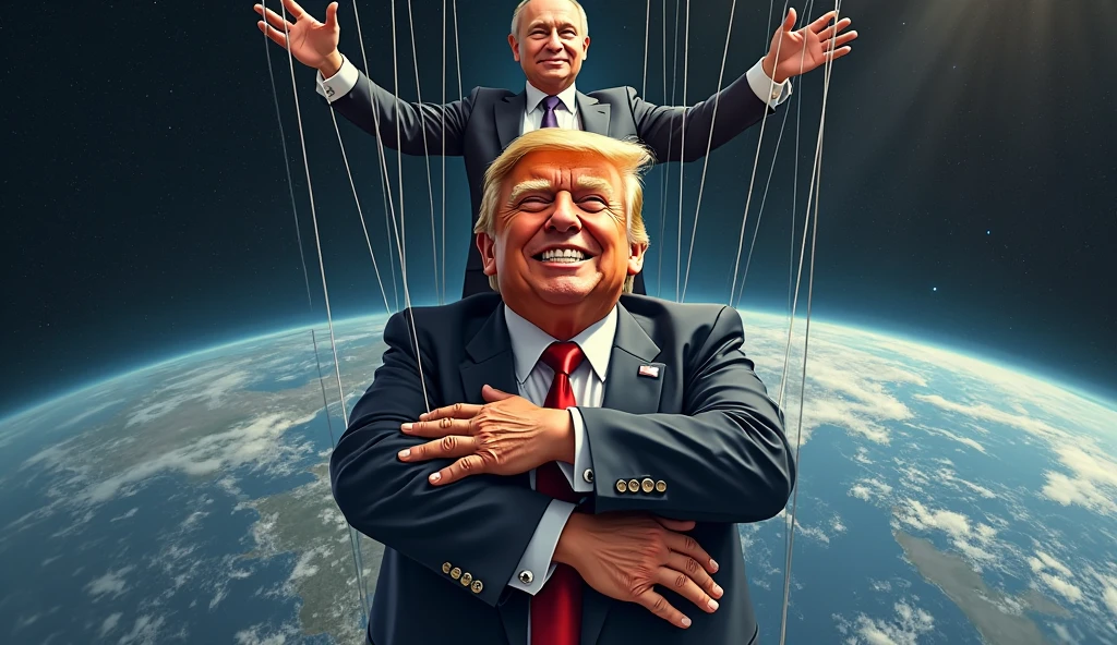 A political satire illustration showing a gigantic Donald Trump figure embracing and grinning menacingly at the Earth, ((photorealistic)), detailed facial features, sinister smile, orange skin tone, blonde hair. Thin puppet strings extend upward from Trump's limbs, head and back. The strings lead to the hands of Vladimir Putin who stands above, manipulating Trump like a puppeteer, subtle smirk, cold calculating expression, dressed in dark formal attire. Global perspective, Earth shown in realistic detail with continental outlines visible, dramatic lighting with shadows cast across the planet, cinematic composition, wide angle, sharp focus, high contrast, 8k resolution, ultra-detailed, professional political cartoon style.