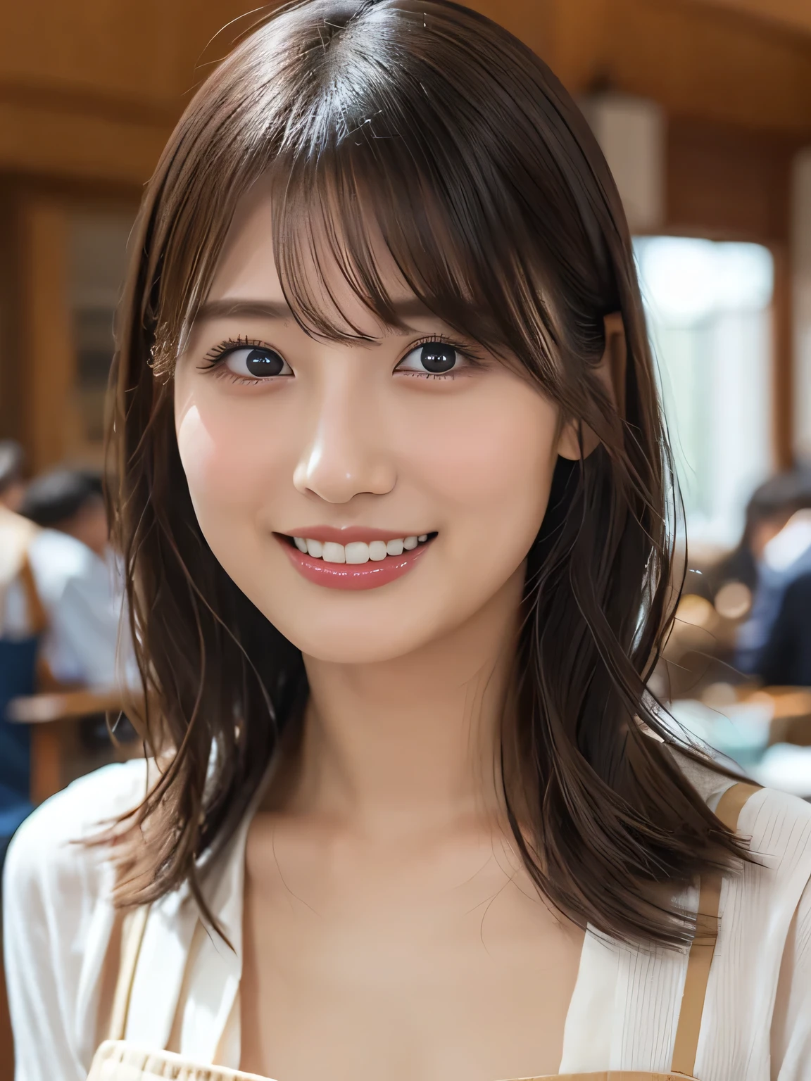 (best quality、Table Top、8k、best image quality、超A high resolution:1.5, (photorealistic:1.4),masterpiece:1.2,(top-quality:1.4)、Raw photo)、Woman working at a cafe、apron、上品なシャツとapron、(highlight your body line:1.1)、Portrait of a beautiful classy woman、most elegant and cozy cafe、The most natural cafe, Perfectly organized、Most Ambient Warm Lighting、stylish and elegant cafe、 Strongly blurred background 、 look at me and laugh、super high resolution perfect and beautiful teeth、Ultra HD beautiful face、ultra HD hair、Ultra HD The Shining Eyes、The Shining, Super High Quality Beautiful Skin 、Super High Quality Glossy Lips 1 Beautiful Girl、Japanese idols、30 years old、are beautiful in every detail and have an eye for detail、detailed face、beautiful skin、slender、Surimi Waist、thin legs、 Glamorous Hairstyles :1.3、cafe clerk 、smile:1.2、、1a japanese girl、Cute、 (RAW Photo:1.2), (photorealistic:1.4), beautiful detailed girl surrounded by thugs, Very Well Detailed Eyes and Face、hair that extends to the shoulders、short cut hair
