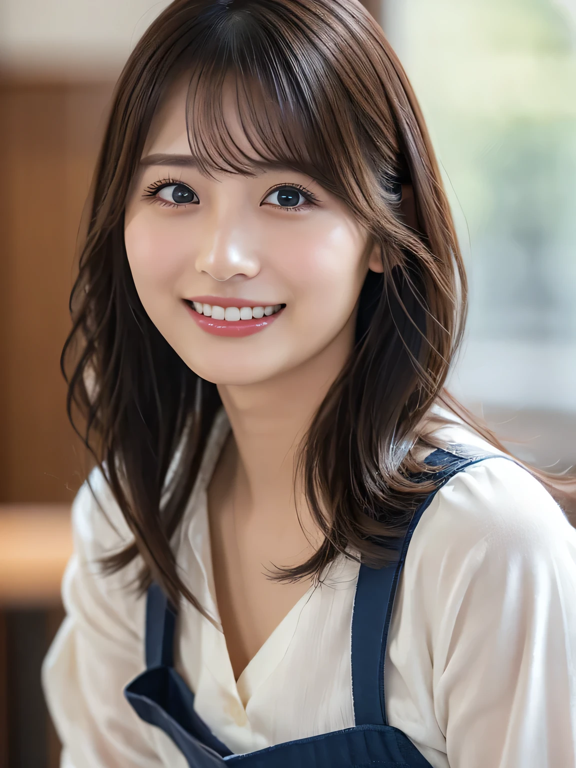 (best quality、Table Top、8k、best image quality、超A high resolution:1.5, (photorealistic:1.4),masterpiece:1.2,(top-quality:1.4)、Raw photo)、Woman working at a cafe、apron、上品なシャツとapron、(highlight your body line:1.1)、Portrait of a beautiful classy woman、most elegant and cozy cafe、The most natural cafe, Perfectly organized、Most Ambient Warm Lighting、stylish and elegant cafe、 Strongly blurred background 、 look at me and laugh、super high resolution perfect and beautiful teeth、Ultra HD beautiful face、ultra HD hair、Ultra HD The Shining Eyes、The Shining, Super High Quality Beautiful Skin 、Super High Quality Glossy Lips 1 Beautiful Girl、Japanese idols、30 years old、are beautiful in every detail and have an eye for detail、detailed face、beautiful skin、slender、Surimi Waist、thin legs、 Glamorous Hairstyles :1.3、cafe clerk 、smile:1.2、、1a japanese girl、Cute、 (RAW Photo:1.2), (photorealistic:1.4), beautiful detailed girl surrounded by thugs, Very Well Detailed Eyes and Face、hair that extends to the shoulders、short cut hair
