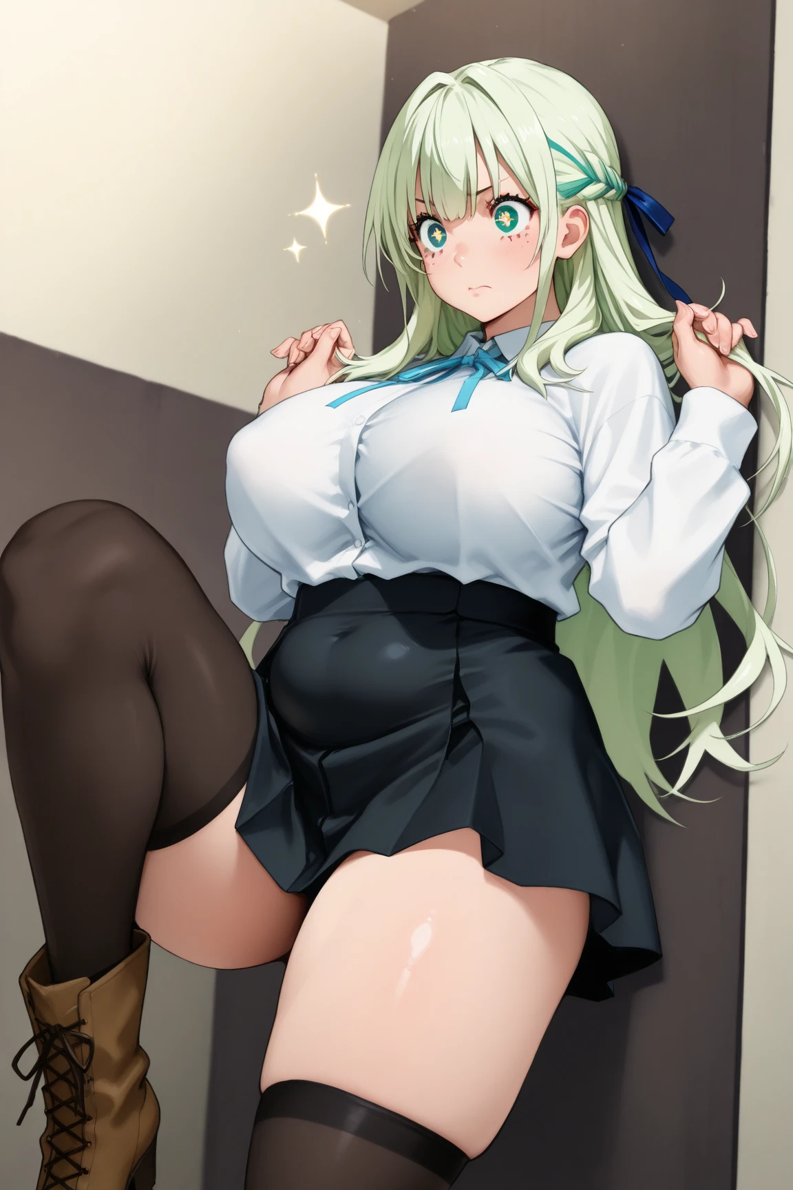 (masterpiece), (best quality), (ultra-detailed), (illustration), In the classroom at sunset, (school uniform, skirt, khaki sweater, panties), big breasts, (squatting), cute face, big eyes, smile, Long hair, silver hair, shining eyes, from below,