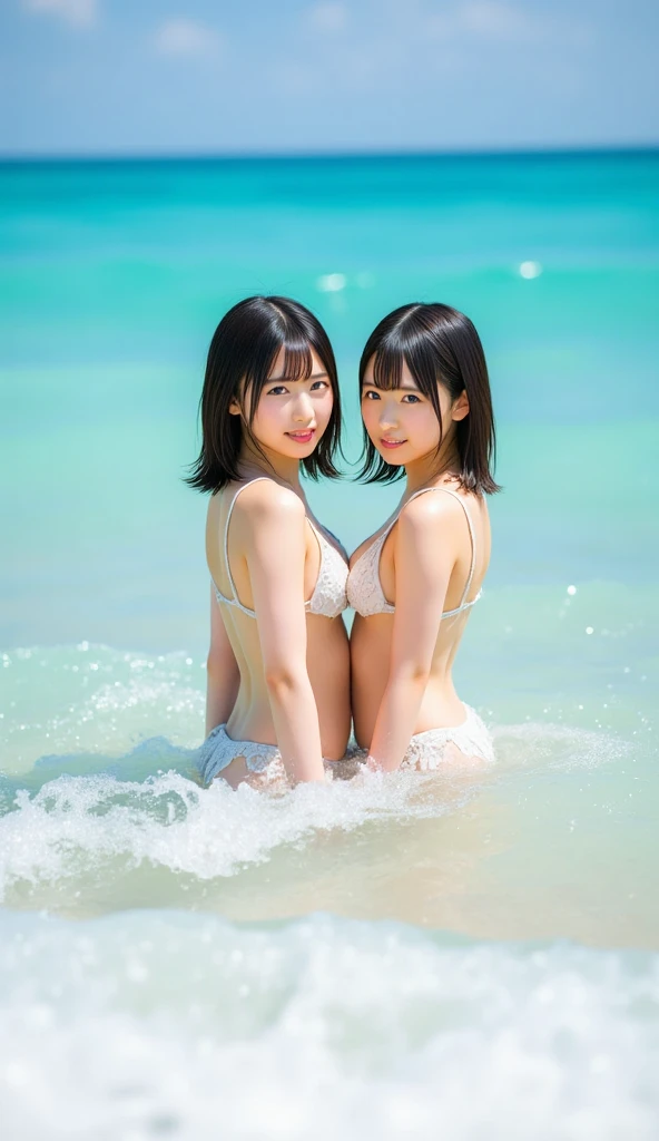 (((NSFW))),(1 girl),(crowd, Photo of beautiful Japanese idols in sea),(smile),((Wet Skin:0.8)),(Colossal breasts 1.5),(Saggy breasts),(Big Ass),(Sunburned skin),(Black Hair、Voluminous mid-length bob),(String Bikini),(Breasts protruding from bikini)