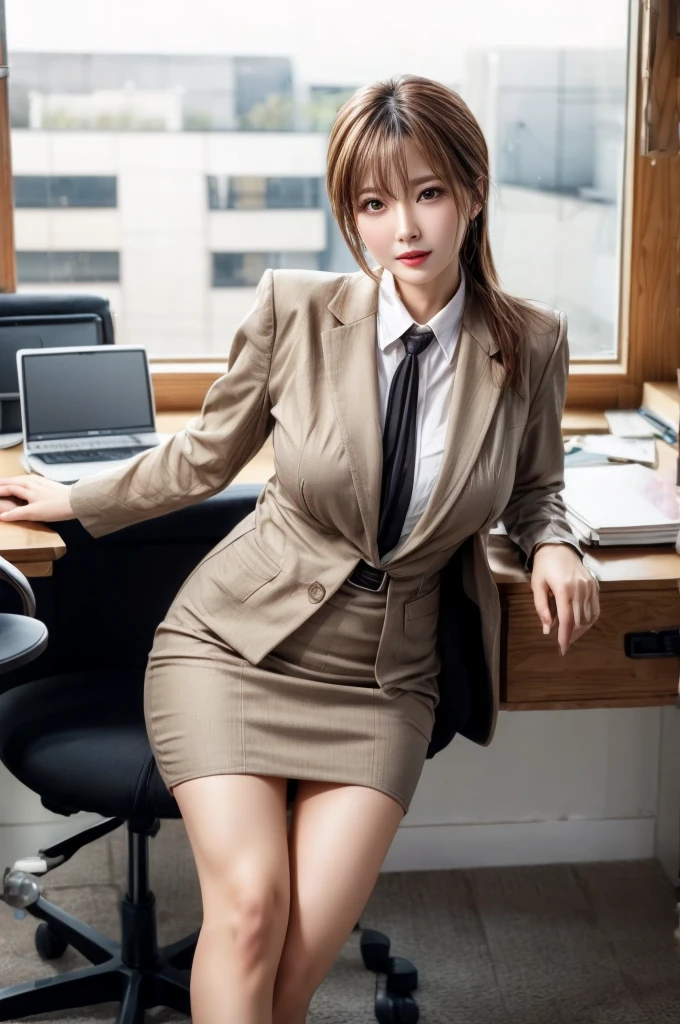 a 19 year old face of the most beautiful actress in the world, the perfect body proportions of a female, blazer is worn on upper body of a female with formal shirt, the area of the female vagina in panties between opened legs under short skirt, sitting on a chair and opening legs, blazer is covering navel under large breasts of a female with formal shirt, in the office, nsfw, best quality, highly detailed, masterpiece, ultra high res, photo realistic, 8k