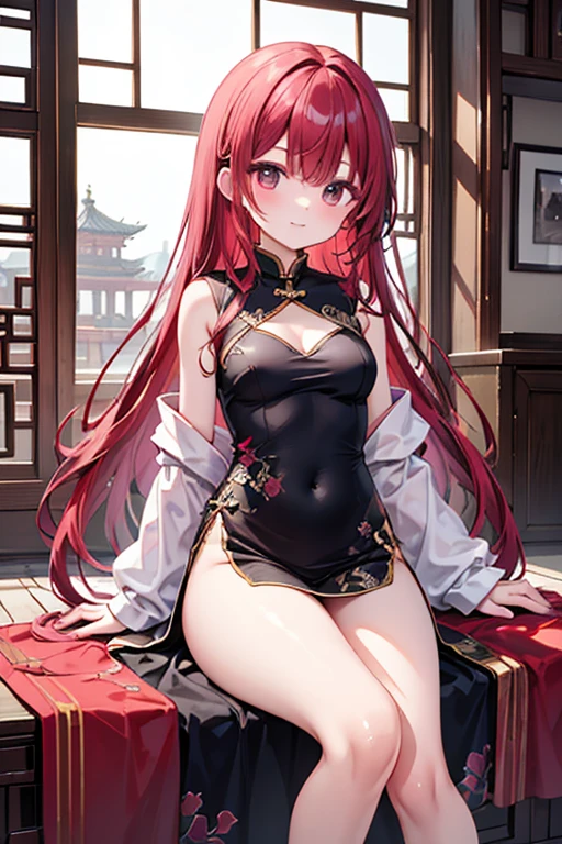(masterpiece, sidelighting, finely detailed beautiful eyes: 1.2), masterpiece*portrait, realistic, 3d face, glowing pink eyes, shiny red hair, shiny skin, solo, awkward, (belly), red bow,