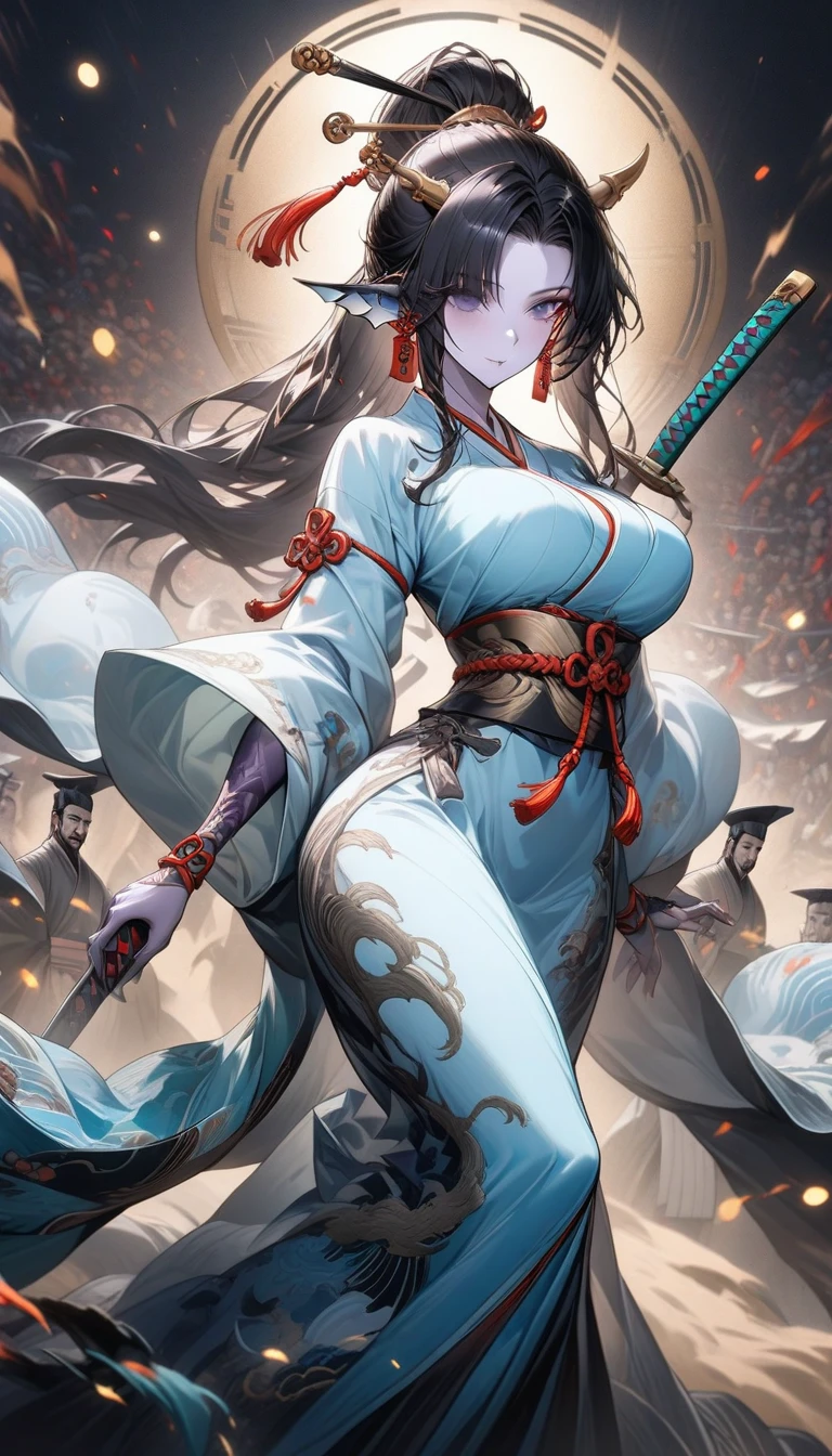 a woman wearing a weak blue kimono, big breasts, long black hair, samurai helm, holding a katana, in a landscape with bamboo, smiling.HDR, ultra resolution, well defined, masterpiece, 8K HD. (woman alone)