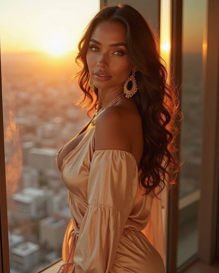 Foreground: a gorgeous woman, wavy hair in the wind. she's a men magazine model, large breasts, big bum, She has a subtle smile and flirts with the camera, (she wears a silk mini dress:1.3), rear view, background posing in a fantasy city, multicolored trees, beautiful flowers, (sunset:1.4), (perfect eyes:1.21), perfect hands, perfect body, perfect hair, perfect breast, hair behind ear, happy attitude, UHD, retina, masterpiece, accurate, anatomically correct, textured skin, super detail, high details, high quality, award winning, best quality, high res, 16k, 8k,