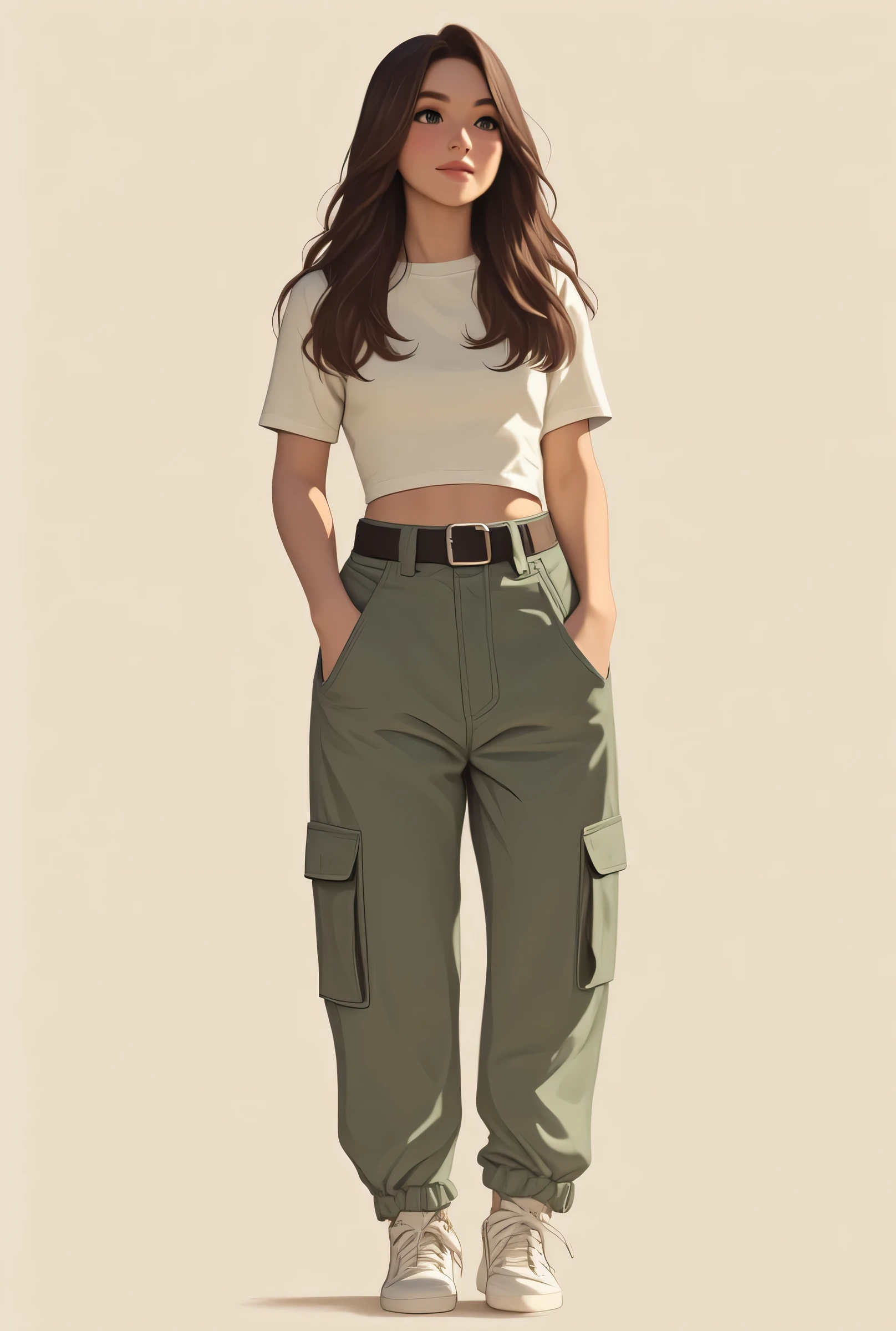 A woman, long straight silky hair,  innocent style. soft Manhwa. tall and lean. full body profile. crop top t-shirt. baggy cargo denim. wear sneakers