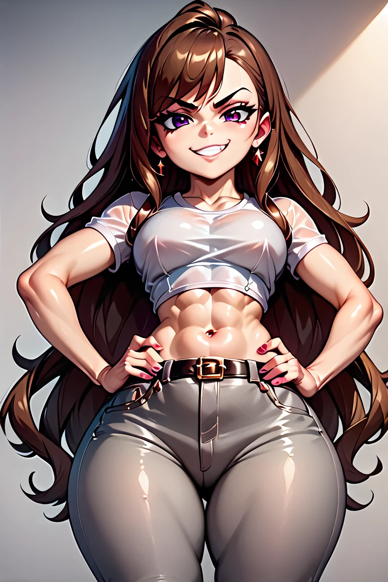 high resolution,Light blue jeans,skinny,Brown belt,Sports Bra,boots,Muscular,Brown Hair,ponytail,Beauty,cute,smile,Looking down