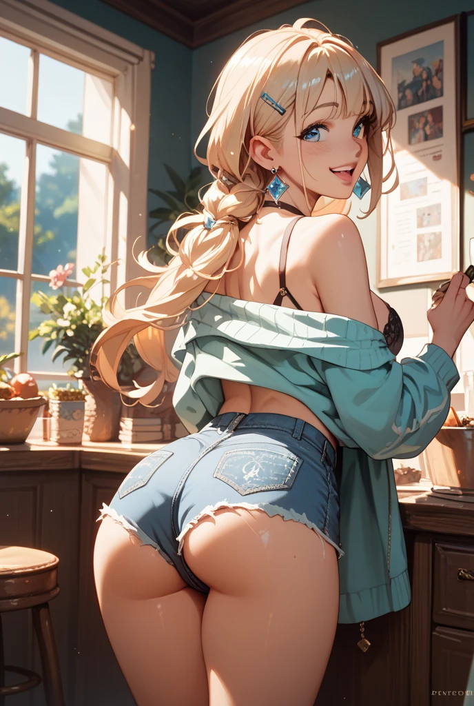 lighting like a movie、top-quality、One girl's back、A girl showing her panties in a cafe、a smile、