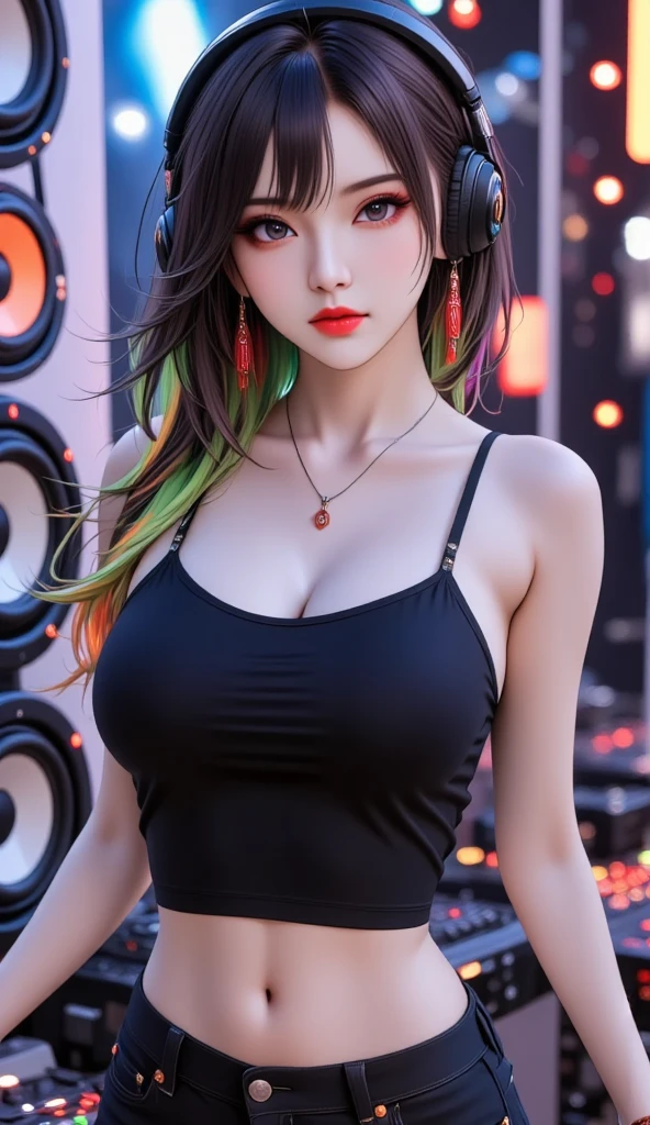4k-ultra sharp、highest quality, masterpiece, ultra high resolution, (reality: 1.4), 1 girl, purple eyes, off shoulder, cinematic lighting、purple and black hair、(mine girl、mine makeup)、(Pierced ears、big breasts、Oversized black T-shirt with open shoulders、dark mini skirt)、((dark makeup、oil skin,sparkling skin、realistic skin texture、detailed beautiful skin、shiny skin)), dark downtown area at night、kabukicho、Dark Cyberpunk、(full shot:1.8)