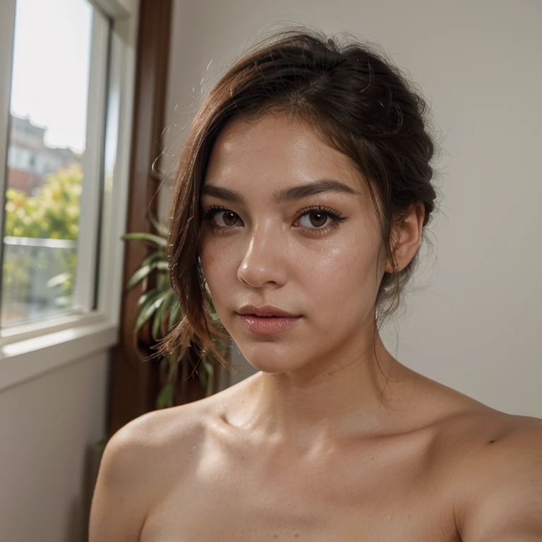 Chica en tanga mirando su trasero al espejo mientras se mira con deseo y se muerde el labio 