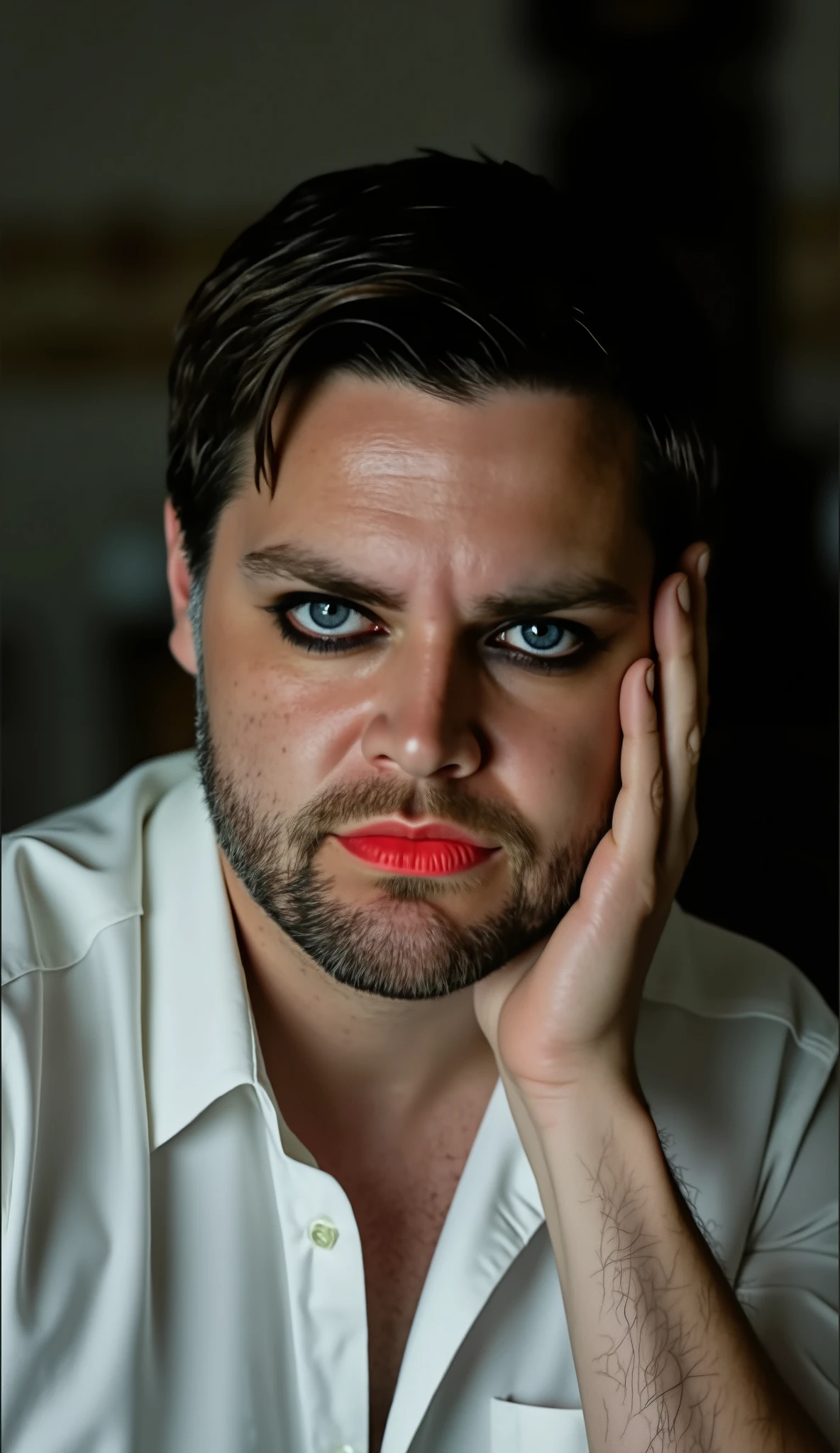 close up，In the center of the picture is JD Vance with heavy makeup，Beautiful and detailed eyes with eyeliner，Smoky Eyes，white shirt，Touch your cheek with one hand，Soft light illuminates his face，exquisite makeup，The background is a shabby bedroom ，Smile，look at viewer , Realism，Real light and shadow，8k，high resolution, masterpiece, best quality