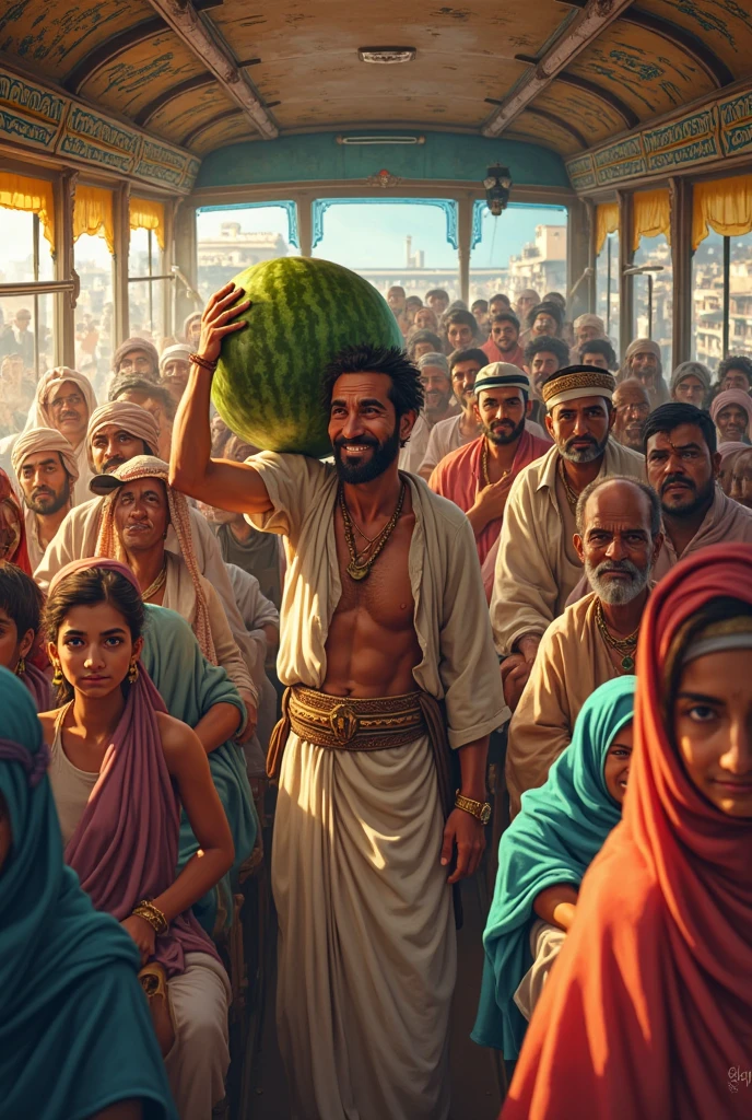 The village elder standing on a platform, addressing a crowd of villagers, with a basket of fruits on display.