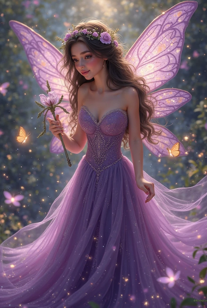 (medium full shot) of  (ethereal fairy) young woman, spanish, dark brown eyes, tan skin, slender,             wearing a __cf-fairy/dress__, delicate lace-up sandals, ruby red loose curls with fairy dust, shimmering angelic wings, glowing highlighter,tiny bell anklet, laughing, jumping in the air, set in  a lush forest, filled with vibrant flowers and sparkling streams, where fairies gather to dance and sing, under the moonlight, Masterpiece,best quality, photorealistic, amazing quality, very aesthetic, extremely detailed face,