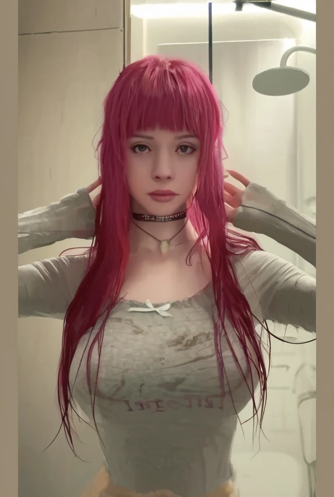 Cute ta, cleavage showing, areolas protruding, breasts indentation ((Realistic light, Best quality, 8K resolution, perfect Masterpiece, photorealistic, raw photo:1.3)), Selfie, 1girl, Pretty woman with perfect figure :1.4, abs :1.1, (long straight pink hair with bangs, Huge enormously gigantic breasts:1.5), white turtleneck sweaterdress :1.2, Bed, Ultra-detailed face, blushing, Detailed moonlight eyes, long detailed eyelashes, Double eyelid, perfect hands perfect fingers perfect breasts perfect hair perfect face perfect body perfect composition, at home relaxing, in living room, mansion, expensive home, big expensive tv, expensive couch, detailed background, ray tracing, unreal engine, highest resolution hyperrealism