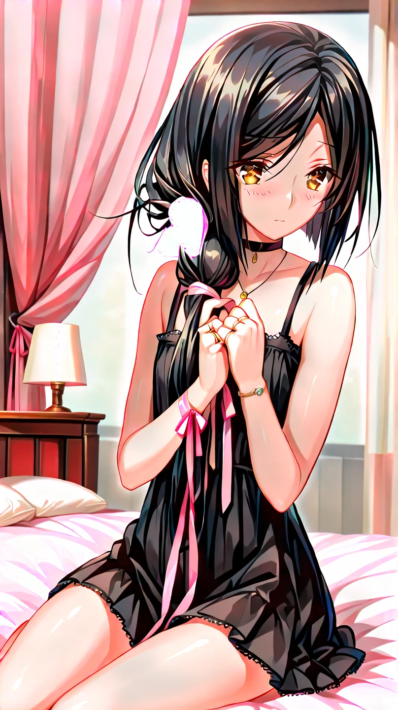 Hands Behind Back,Tied with hands behind back,from front,front view,looking at viewer, looking ahead,from above,cowboy shot,2girl,Beautiful 11 year old girl,Japanese,Slender,,low length,Small breasts,Thin legs,Small Ass,Baby Face,Small face,Black Hair,Straight Long Hair,Gray Eyes,Drooping eyes,Collar with leash,middle School girls,Sheer black and pink negligee,Sexy Lingerie,open mouth,tongue out,front face,Kneeling,Straight Stand,Beautiful and detailed anime art,Mischievous smile,Sexy vibe,cum on tongue,Dimly lit room,On the bed,Simple Background,Gray background,Low lighting,