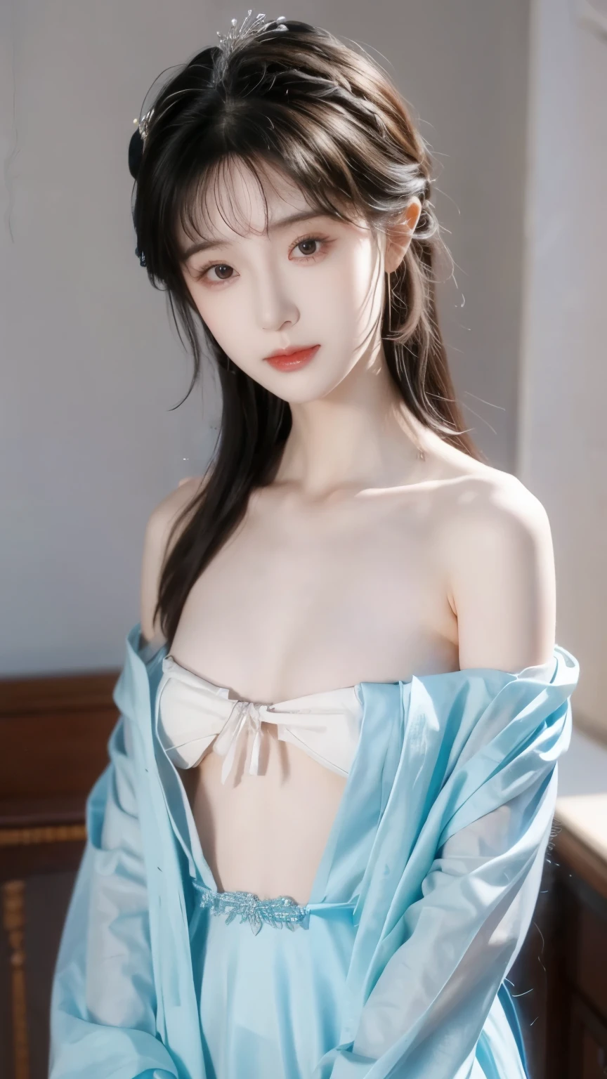 ((​masterpiece、top-quality、ultra-definition、hight resolution))、独奏、a beauty girl、radiant eyes、perfect  eyes、odd eye、sixteen years old、Blue theme、bathrobe、hortensia、((((Topless figure))))