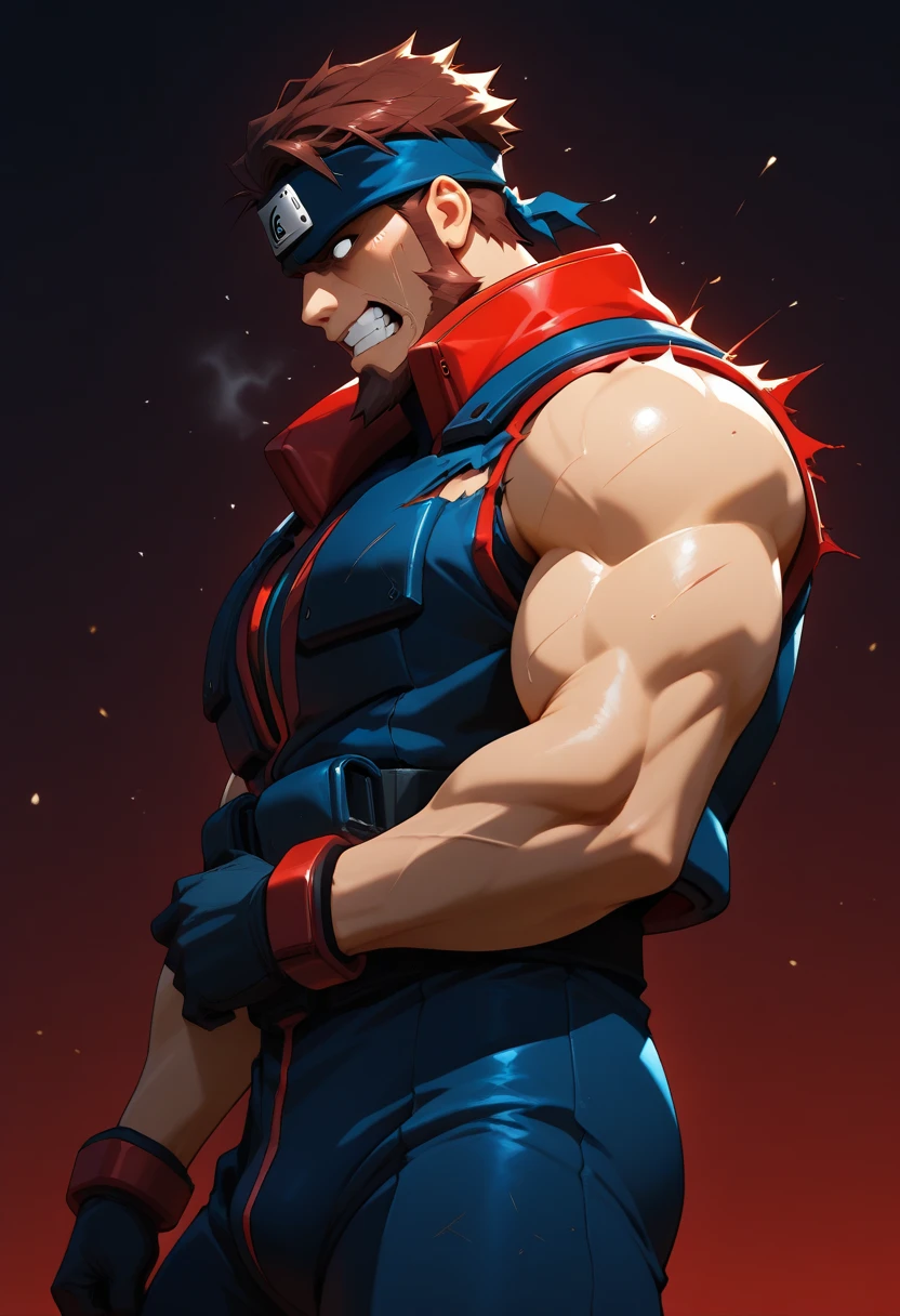 1boy, headband, jacket, scarf, helicopters in the sky, broken building,  hollow six pointed star pendant, giant, 20 feet tall, gloves, pants, flexing, angry, open mouth, screaming, (punching:1.1), metropolis, day, spotlight, hard light, from below, foreshortening, solo, focus, extremely muscular masculine character, flame hair, huge bulge, 8 pack abs, erotic,giant,Jewish star