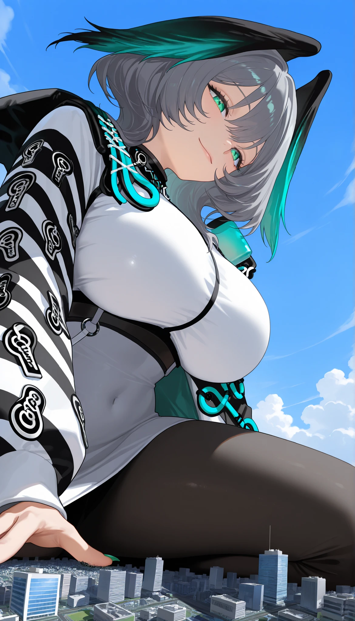 score_9_up, score_8_up, score_7_up,地面に座る,Hoolheyak,(giantess:1.4), microcity, 1girl, solo, collapsed city, Outdoors,(from below), masterpiece, best quality,太い太もも,hugebreasts,むちむち