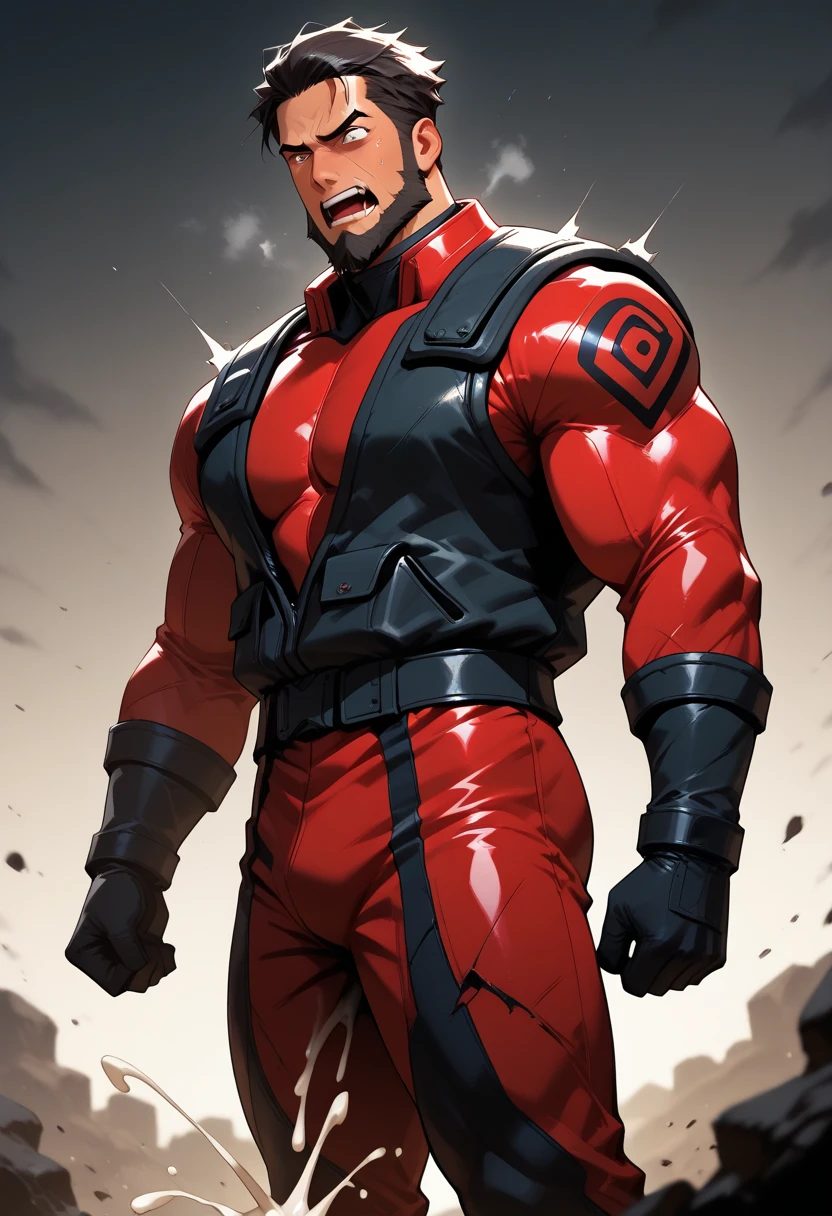 The large back view of a particularly tall,backwards,big ass giant, and muscular hero, Glossy Black Nano Mecha Network Pattern Solo, Male Focus, 1boy, Omniman, deadpan, Closed mouth, Looking at Viewer, thirn clothes black and red (bodysuit), muscular guy, burly, hunk, Hot, big shoulders, musculature, big chest hair, (hyperdetailed face) round buttocks, expression serious, Valiant male pose, senior hero officer, muscular! Charming leg muscles, High, burly, Heqiang, Super gain and cool, high resolution committee, The big feet of shiny black ultra-thin nano-mechanical boots, Charming strong man, The bright sunshine is shining on you, matte particles, shiny texture hairy chest full mustache, long hair