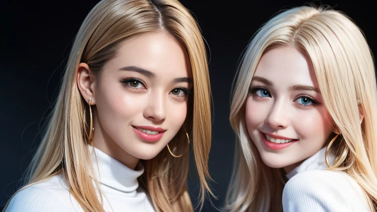 platinum blonde hairの若い白人美女2人、Stand apart、big blue eyes、Two Blonde Beauties with Big Blue Eyes Open and Smiling、seductive expression、若くて美しい18歳の金髪美女2人がStand apart、A clear blue sky during the day、smile、Gorgeous Gold Earrings、Gorgeous Gold Necklaces、18-year-old wealthy white beauties wearing long-sleeved cybersuits、Beautiful, Young and Beautiful White Women with Gorgeous Faces 2 People laugh,high neck with collar zipper closed to neck、Black High Neck Design、wearing a high neck black protector that completely covers her whole body、 gorgeous faces near royal castlesの若くて美しい白人美女2人が笑う、18 year old blonde beauty opens her mouth and laughs、18 year old white beauty looking far away、 gorgeous faces near royal castles、Face like a French doll、 Beautiful French Woman 、smile、上品なsmile,、realistic textured skin、Business Ads、photo shoot、  Blue Nail Polish 、platinum blonde hair、Twin Blonde Beauties、Blue Eyes Are Moisturizing、laughs happily、Captivating blue eyes、16k,UHD,High Quality、Business Ads、広告photo shoot、real photo、focus on 2 beautiful blonde girls in the frame, Taken from a Distance 、 shoot away、full body shot