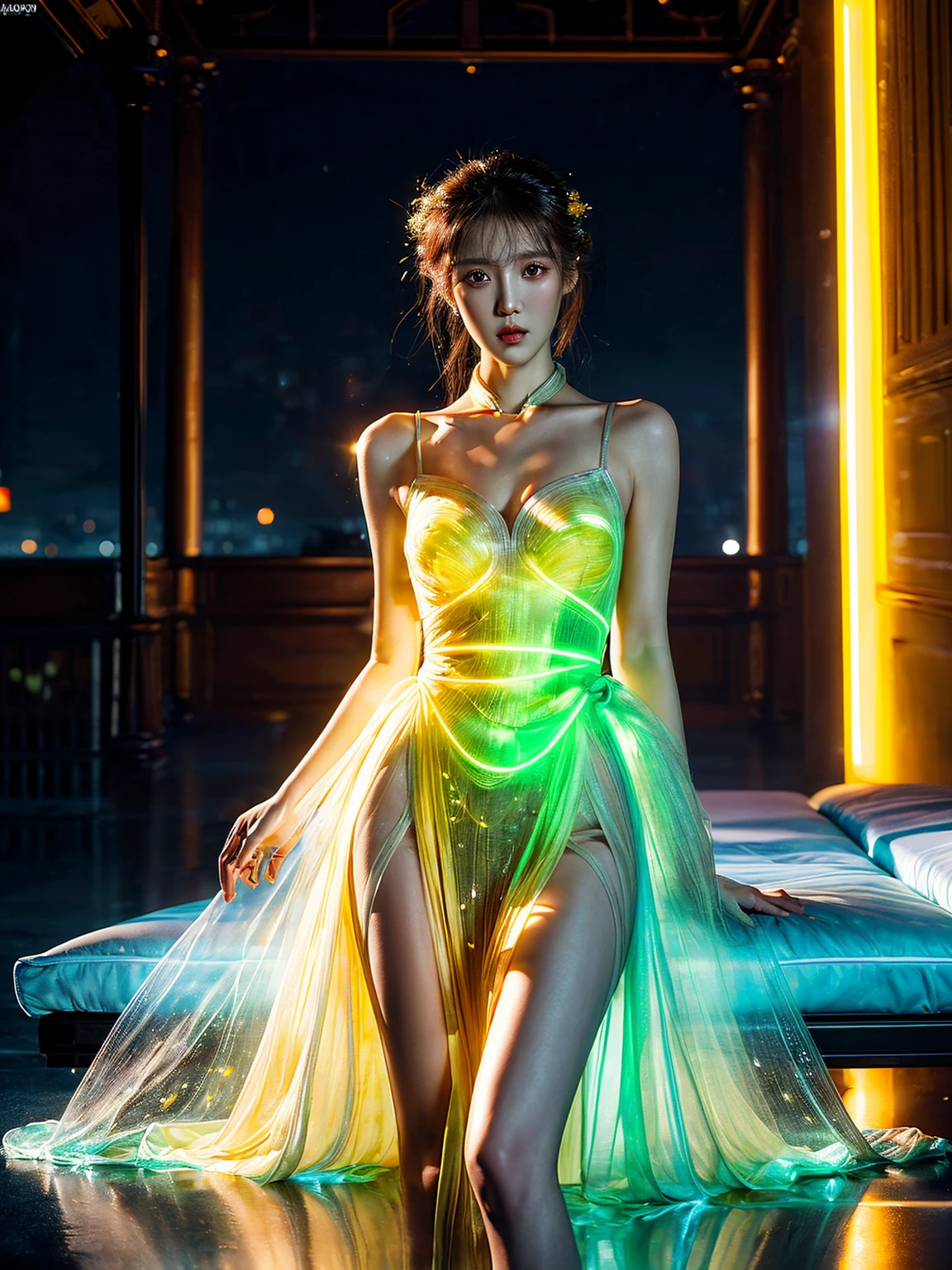 ((Highest quality、Ultra-high resolution、masterpiece))、(Full Body Portrait)、(colorful Bioluminescent Dress)、(silk pantyhose)、(Sitting down, her high heels and legs look beautiful.)、1 girl、(Perfect Anatomy, Perfect body, Perfect hands, Perfect Face, Perfect Eyes, Accurate, Anatomically correct), Perfectly clear and sharp focus, ((Highest quality、Ultra-high resolution, masterpiece, Ultra-realistic))、Modern architecture at night on the background、Professional Lighting
