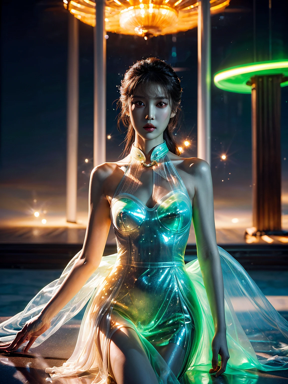 Crystal siren, city, shell, crystal clear, hyperreal, neo impressionist, bubble, cosmic with sparkles galactic sky, dark background, enchanted, perfect, glitter, glitter on building, energy water, alluring