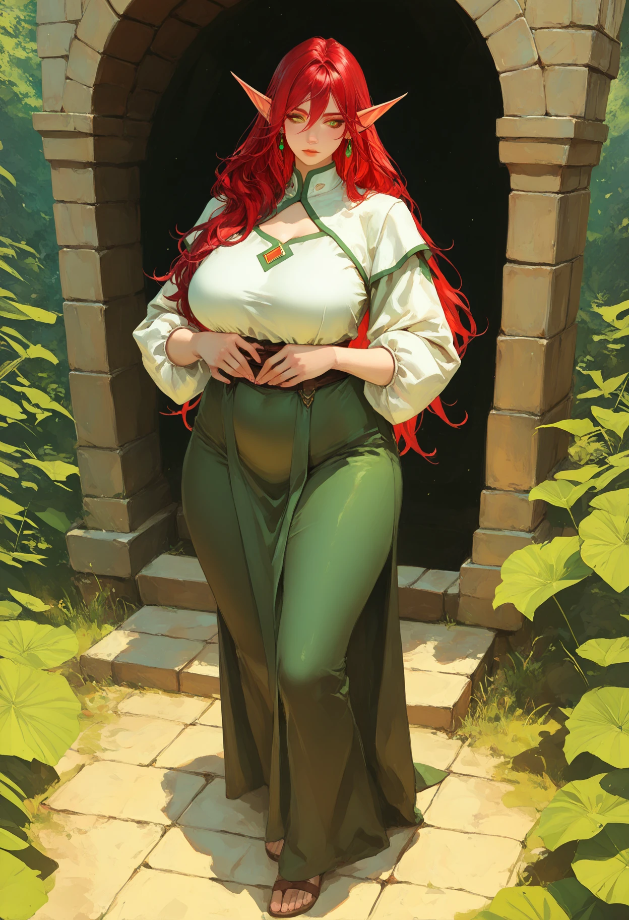 photo of beautiful age 34 woman, plus size, curvy, curly ginger hair, long hair, freckles all over, green eyes, sexy, dslr, 8k, 4k, ultrarealistic, realistic, natural skin, textured skin, fantasy