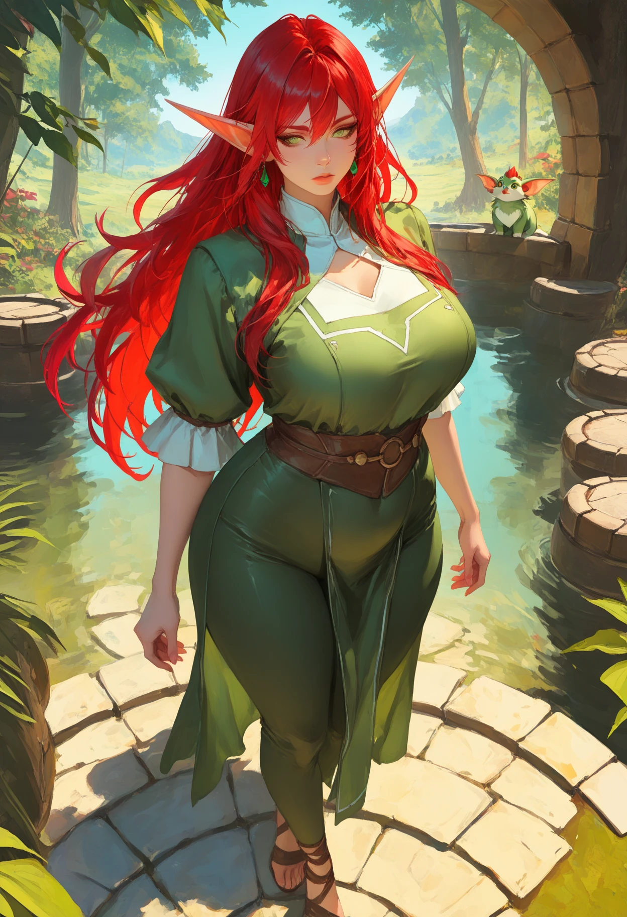 (best quality), (masterpiece), 1 girl, early 20's, huge heavy breasts, busty, massive breasts, thick, thick lips, wide hips, thin waist, great fairy, wearing leaves as bra, luscious lips, long hair