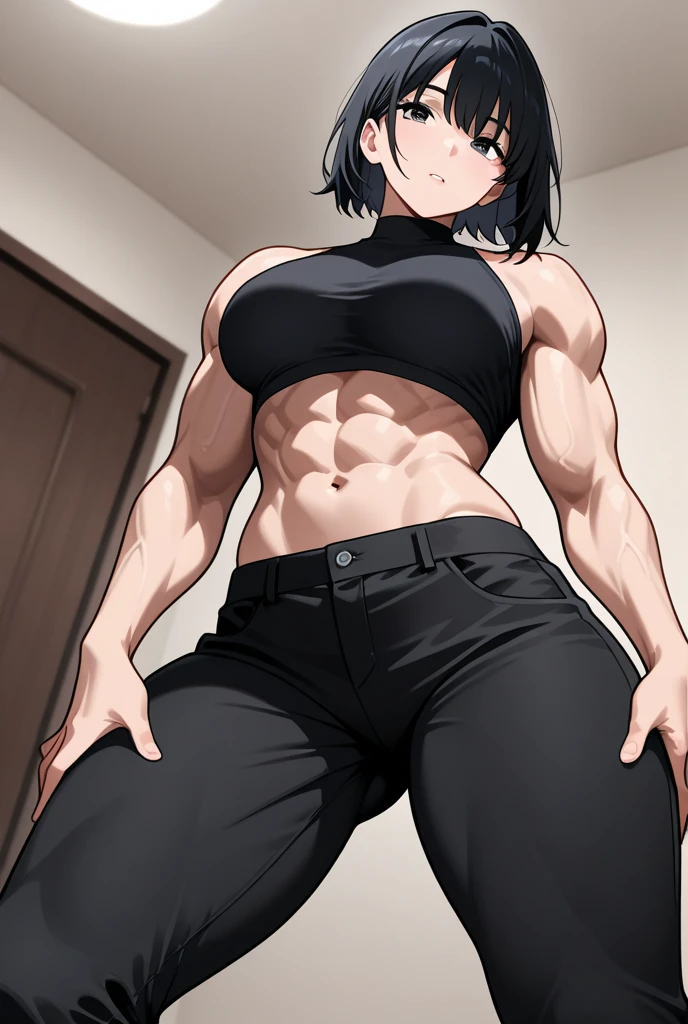 (best quality,ultra-detailed,realistic:1.37),musclaur badass girl with sculpted body have a tattoos wearing tank top and black male underwear, full review of the female character's face and body, intense expression, strong and confident posture, studio lighting, vivid colors, physiologically-based rendering, grungy texture, rugged background, dust particles in the air, commanding presence, professional, powerful, gritty aesthetics,Valmet،short hair,necklace,six-pack,eyepatch,handsome look,gym,Body lifting,Valmet prime muscles,sitting in chair,Kings session,1girl,leaning hand on face, penis growth inside underwear,penisQuiron,penis,BlowjobTopofHeadPOVQuiron pose,lick penis