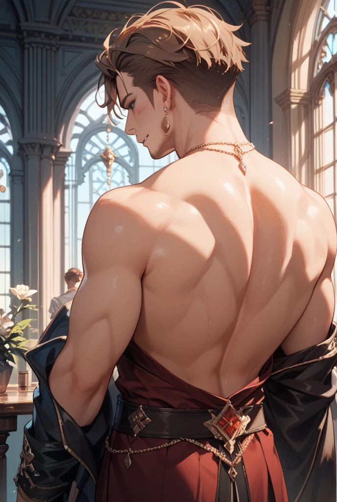 masterpiece, ((masterpiece)), Best quality, complex parts, perfect Whimsical, gentle, a little feminine face, detailed face, Highly detailed and fine figurine, ultra-realistic, detailed body, detailed pectoral muscles, ((Boy's focus)), detailed muscles, convex, (((A handsome boy, 17 years old))), athletic build, ((ideal body)), aesthetically beautiful, erotically tempting, seducing, offering himself With a beautiful sexy tango panti With round perfect buttocks, Rear view from bottom to top muscular, sweaty after a workout, In a Venetian mask with peacock and bird of paradise feathers, In White, red and gold colors, diamond chips all over the body , Watercolor, in the style of Caravaggio