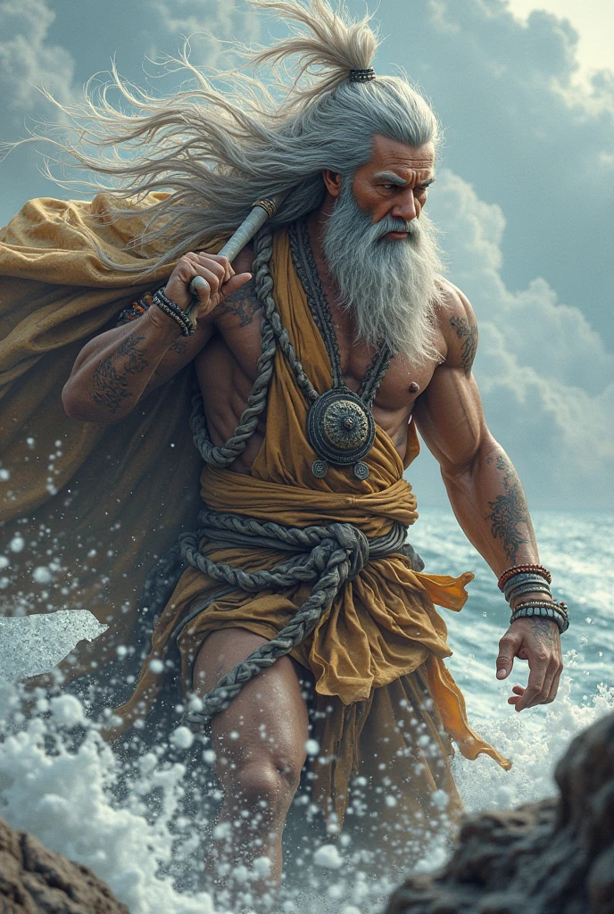 "Create an ultra-realistic, 8K resolution image of Fujin, the Japanese god of wind, in a vertical 9:16 aspect ratio. Fujin is depicted as a powerful, muscular figure with wild, silver hair flowing fiercely in the wind, symbolizing his command over the elements. He wears traditional, weathered clothing that flutters dynamically around him, accentuating the raw, elemental power he embodies. His body is adorned with ancient, intricate tattoos that highlight his divine nature, and he carries a large, weathered sack over his shoulder, from which the wind seems to be unleashed.

The setting is a rugged, coastal landscape with crashing waves below and a sky filled with stormy clouds, all swirling in response to Fujin's presence. His intense, focused expression captures the essence of his role as the master of the winds. The image should convey a sense of both awe and reverence, blending traditional Japanese iconography with a modern, dynamic portrayal of this powerful deity."