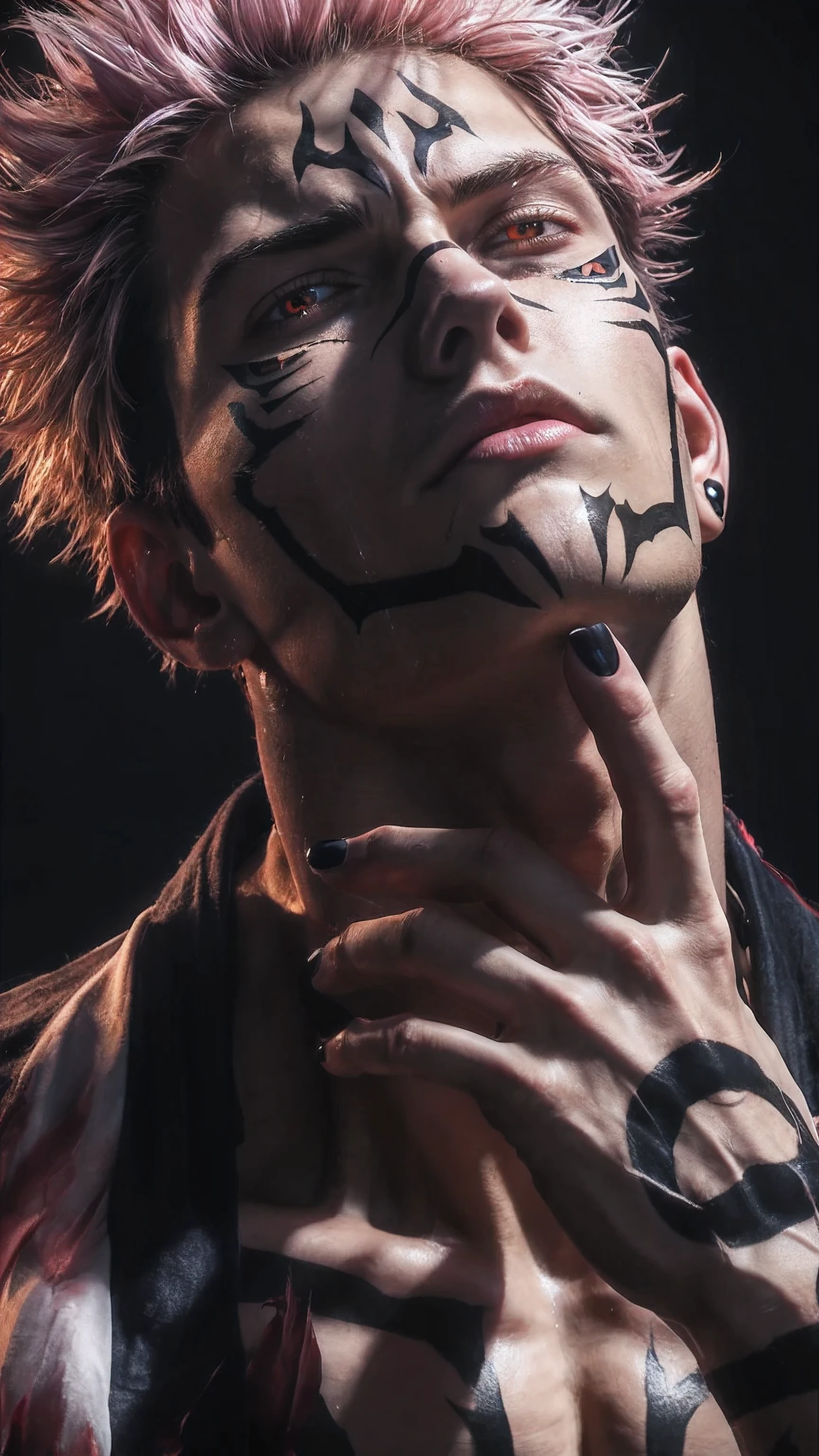 score_9, score_8_up, score_7_up, source_anime, detailed, wallpaper, beautiful details, itadori yuuji, jujutsu kaisen, 1boy, asian, young, male focus, A hyper-realistic, real-world version of Ryomen Sukuna from Jujutsu Kaisen. His face is strikingly detailed, with defined bone structure and realistic skin texture showing subtle pores, fine lines, and natural shadows. He has sharp red eyes that glow slightly, intense and menacing. Black tribal tattoos cover his forehead, cheeks, chin, and neck, with clear edges and ink-like realism. His lips are slightly parted, with a confident yet sinister expression, his gaze looking down with arrogance. His pink hair is short, messy, and spiky with a realistic sheen and shadowed depth. One hand touches his neck and jaw with long, veined fingers painted with matte black nails. He wears a partially open, tattered robe with fiery red and black patterns, resembling scorched fabric. The lighting is dramatic and cinematic, casting deep shadows along his muscles and collarbones. The background is dark and blurred, with faint glowing embers floating in the air, adding a mysterious, infernal atmosphere. His skin has a faint, cold tone and a slight sweat sheen under the lighting, making him appear alive and threatening.