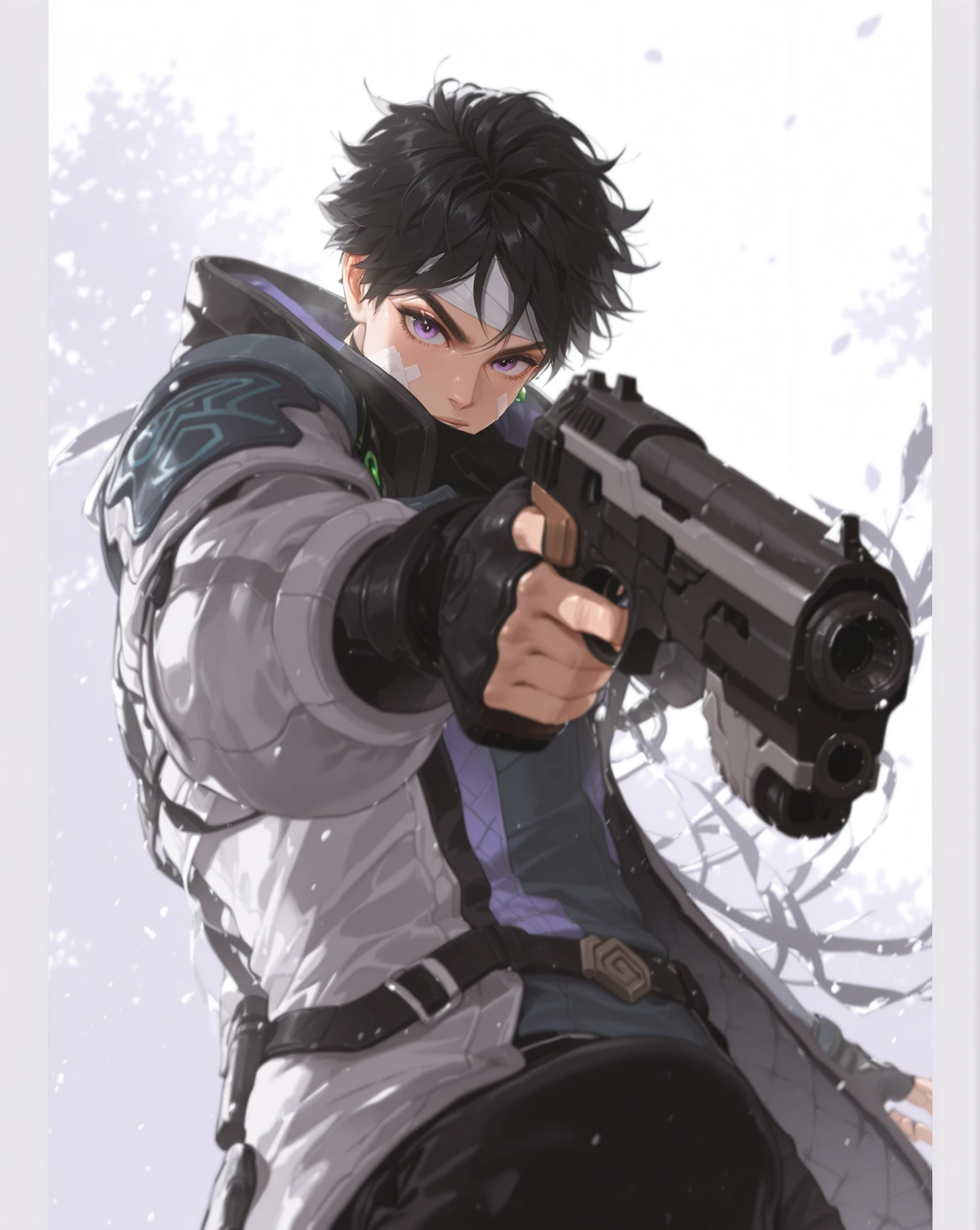 masterpiece, best quality, great quality, clear line, image resolution 1024px,Valorant, VALORANT, Iso, Iso from Valorant, lilac eyes, black hair, white bandage on right cheek,perspective, aiming at viewer with gun, gun in perspective
