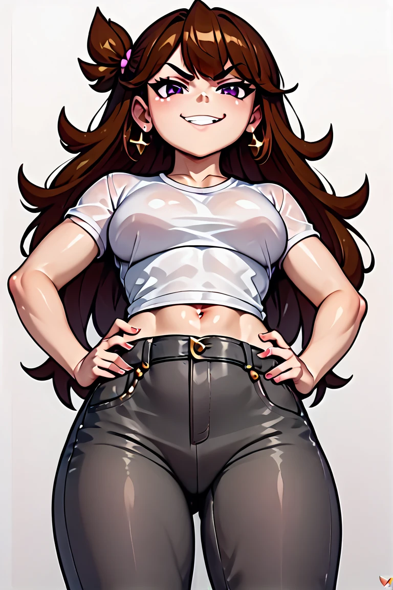 best quality, 4k, ((masterpiece)), extremely detailed, 8k, trending on ArtStation, Intricate, High Detail, Sharp focus, mstwng <lora:mstwng:0.8>, 1girl, solo, cowboy shot, (shirt, t-shirt), white background, (simple background), highleg, bikini bottom, thick thighs, wide hips, blush, embarrassed, sitting, angry, brown eyes