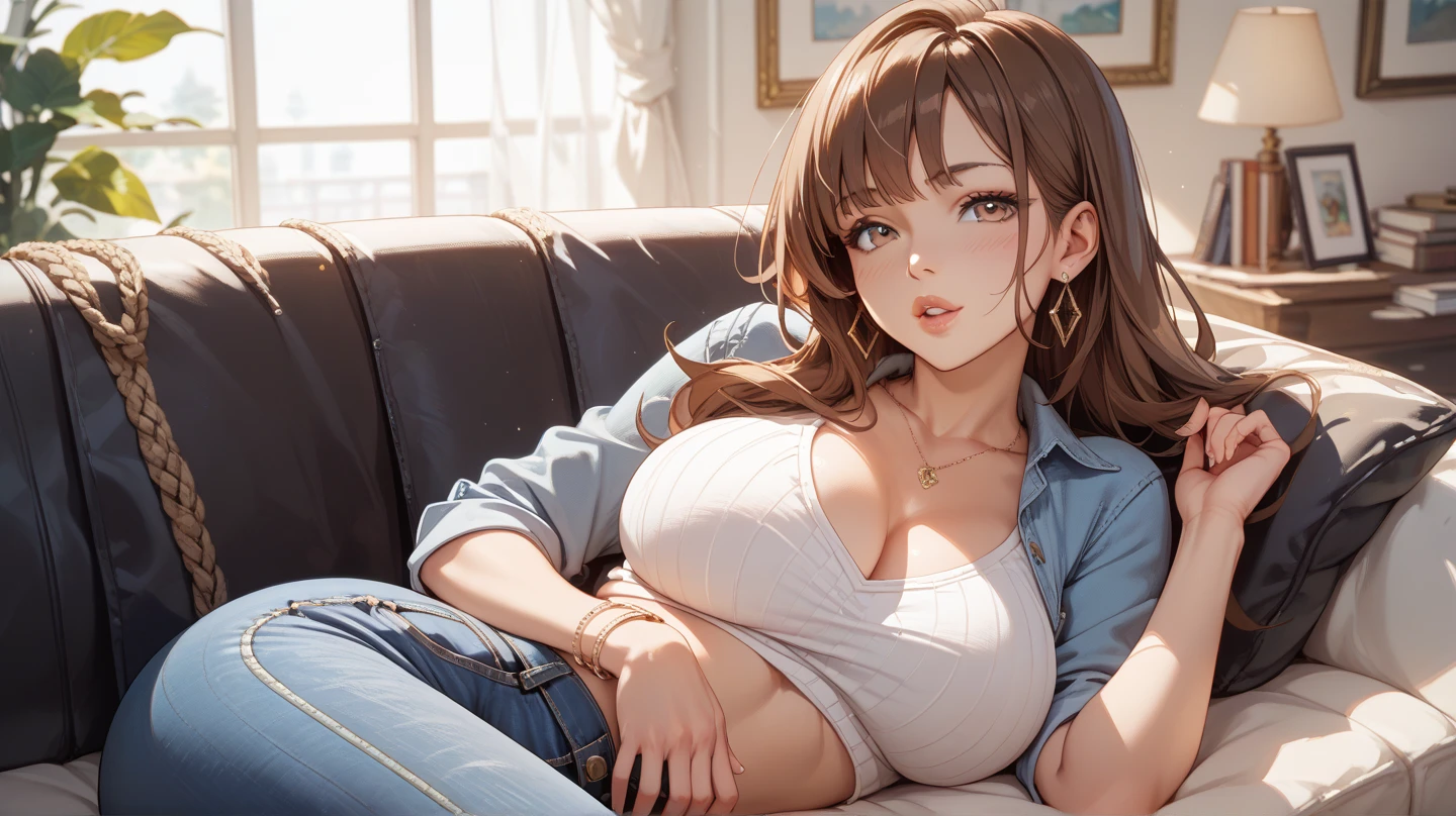 full body shot, thick auburn hair, crystal blue eyes, open mouth smile, aroused 25 years old, playfully aroused, dripping with desire, busty cleavage, low cut spaghetti strap tank top , shorts, slim waist, standing stretching, coy smile with open parted lips, (blushing:1.3), looking invitingly at the viewer, seductive eyes, facing the viewer, livingroom background, posing by the sofa, (pov), glowing eyes, necklace, earrings, nsfw,