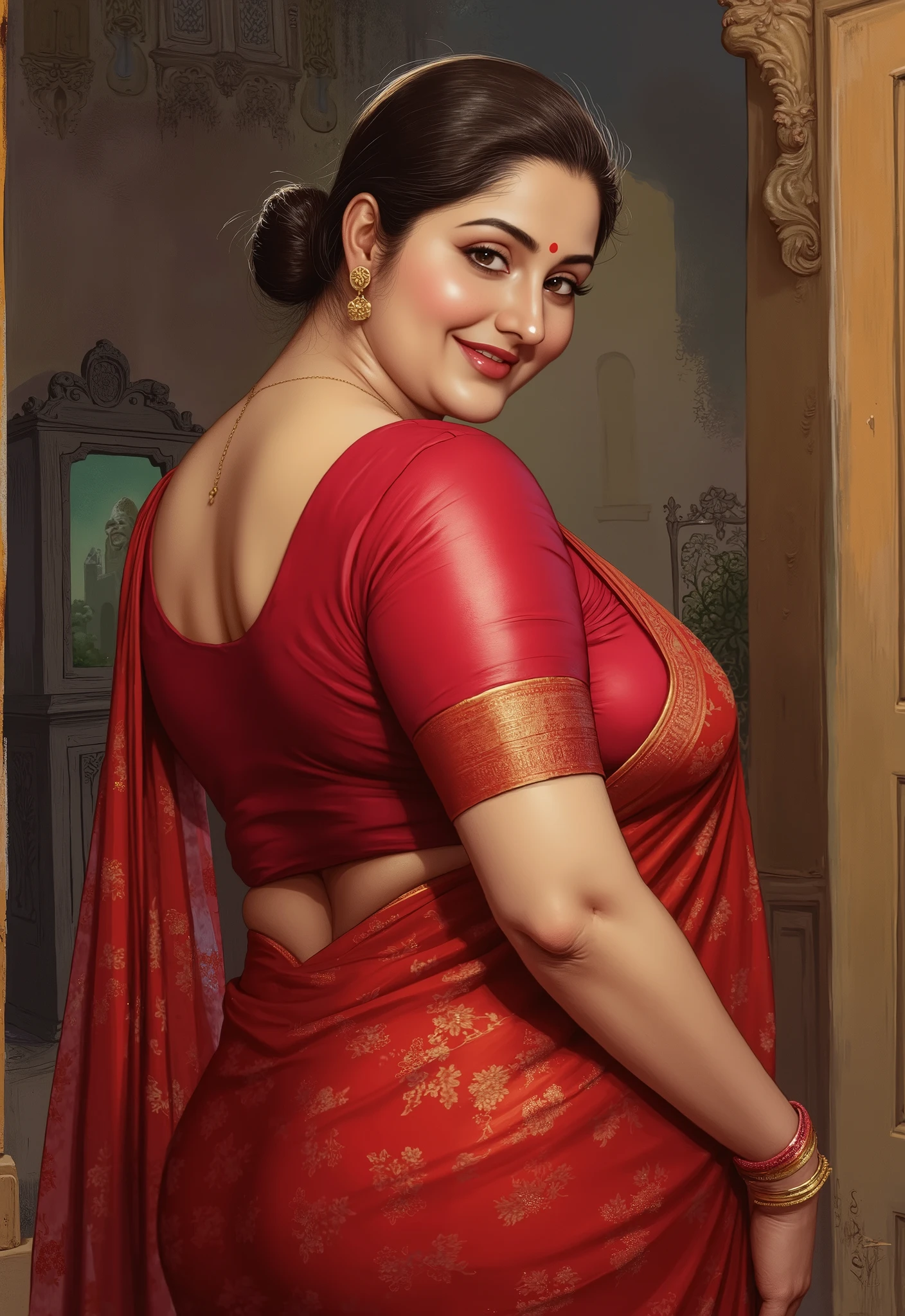 A high-resolution, ultra-detailed painting in the style of renowned Indian artist Manimala. The scene shows a graceful, curvaceous Indian woman around 45 years old. Her warm smile and flirtatious gaze are directed at the viewer, creating an intimate and inviting mood. The camera perspective is from the seated viewer’s point of view, heightening the feeling of personal attention. The overall style is vivid, colorful, and richly textured, blending traditional beauty with cinematic artistry — 8K, ultra-detailed, soft volumetric lighting, photorealistic, oil painting style, rich tones, goddess-like presence, evocative and serene. She has neat low bun with a few strands loose around her blushing cheeks.
She is wearing red saree outfit, View is from behind and she is looking back at viewer,single earring, thicc huge ass,looking back,smile,
upper body,standing,curvy,from below,
castle,indoors,night,
looking at viewer,smile,
(insanely detailed, beautiful detailed face, beautiful detailed eyes, masterpiece, best quality),solo, grabbing own anus,