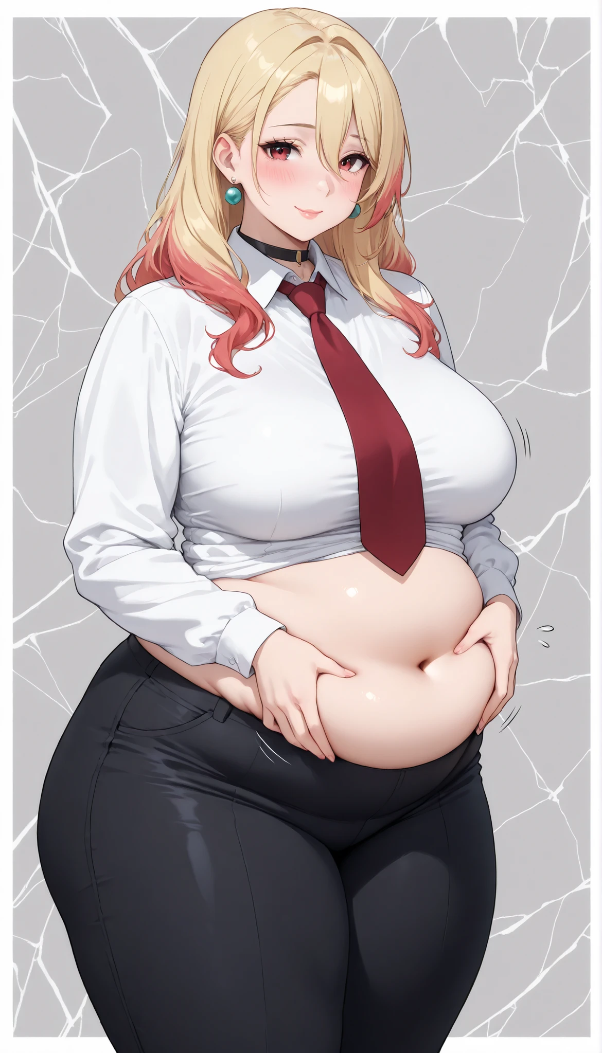 (Full body, glasses), An image of a pregnant girl using an office uniform, her shirt is really thight and lets her belly and breasts exposed and her skirt is so short it leaves her underwear uncovered, Flandre scarlet