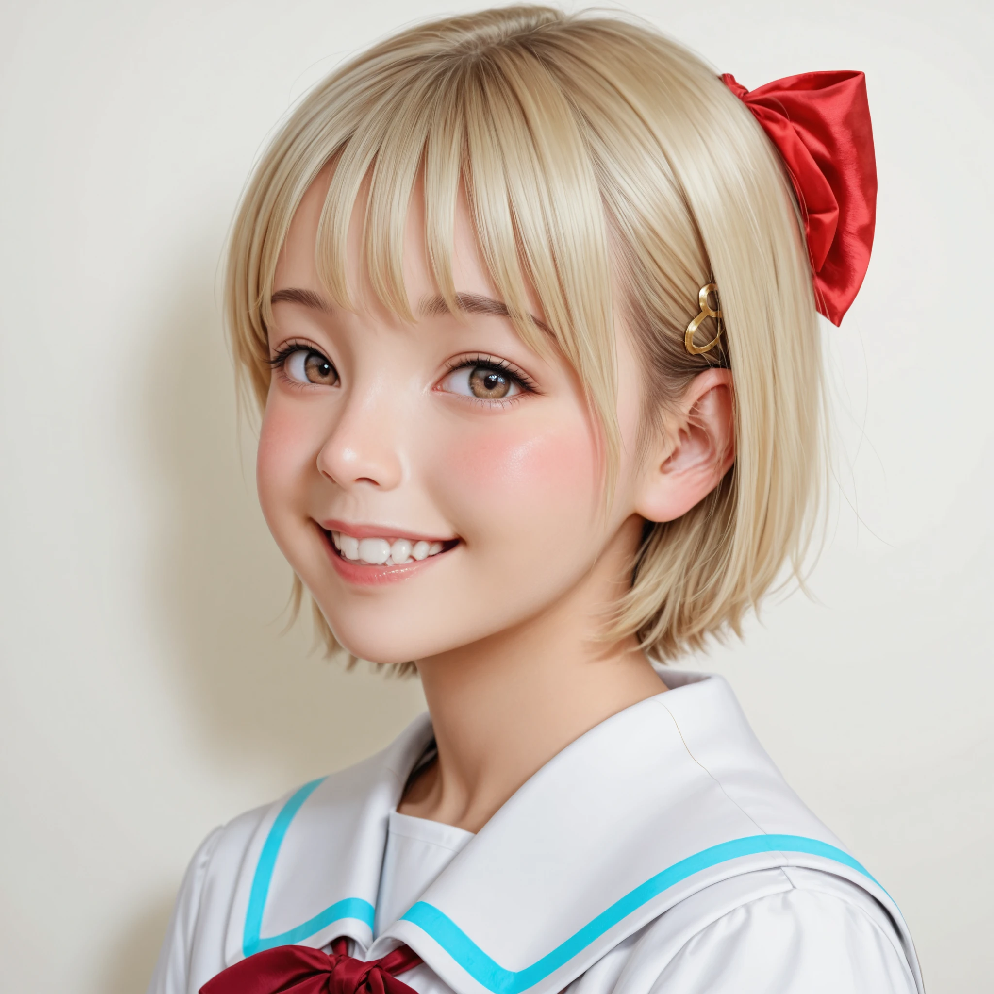 pretty girl middle school student Gold with a big red ribbon on the head is smiling realistic texture