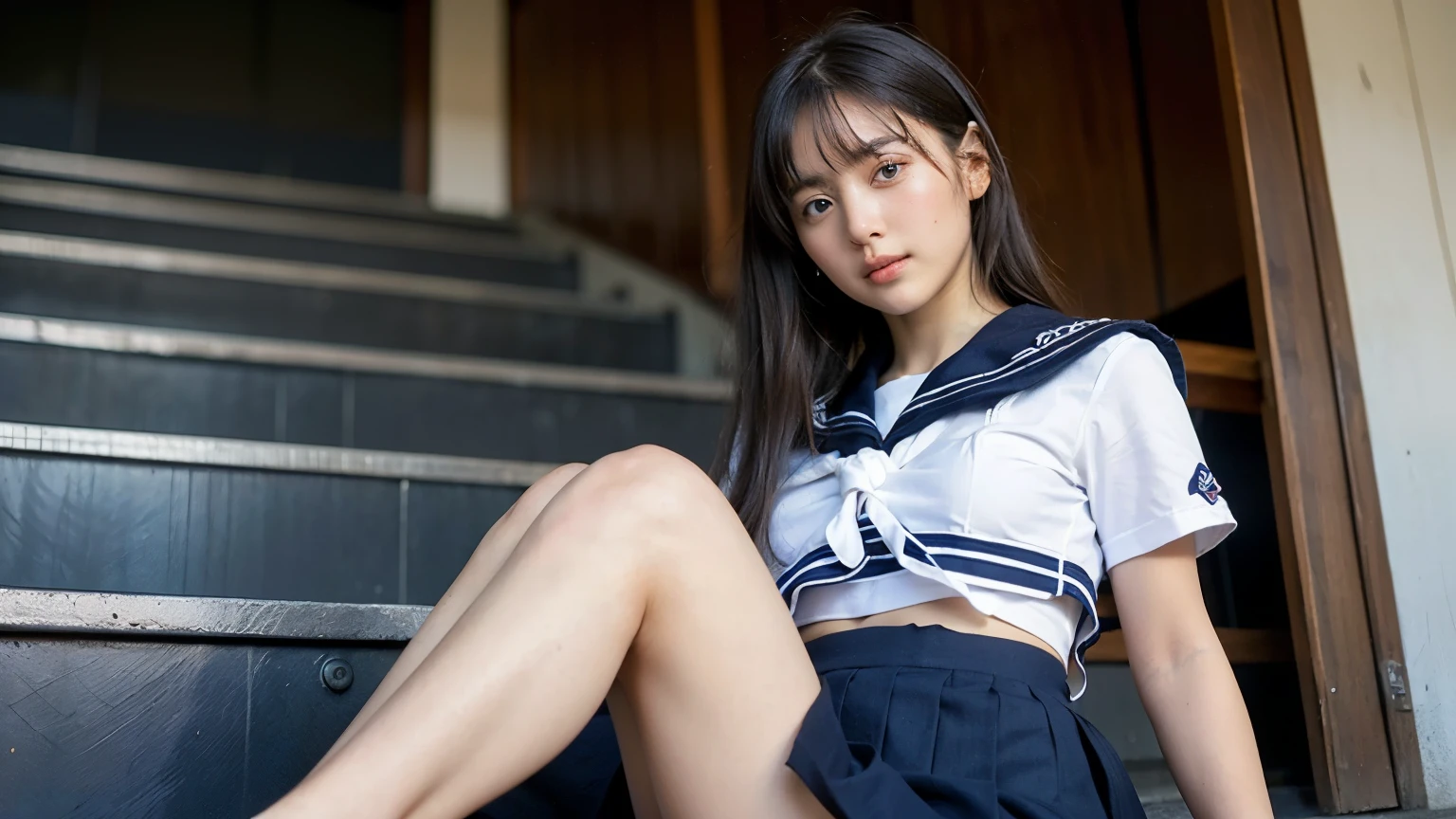 (Sailor suit), (Navy pleated mini skirt), (sneakers), Adorable, Cute Japanese Girl, Baby Face, 18-year-old, Large and fine eyes, Droopy eyes, Face Focus, (Small breasts), (Cleavage:1.0) , (Low contrast,Capture the light:1.0), (Very detailed肌), (Highest quality:1.0), (Ultra-high resolution:1.0) ,(Realistic:1.0), (Very detailed:1.0), (8k, RAW Photos:1.1),( Out of breath expression:0.8),(Looking at the audience:1.3), (She is leaning against a pillar with her legs spread.:1.5), ponytail:1.5, Crowded train, There are many passengers around