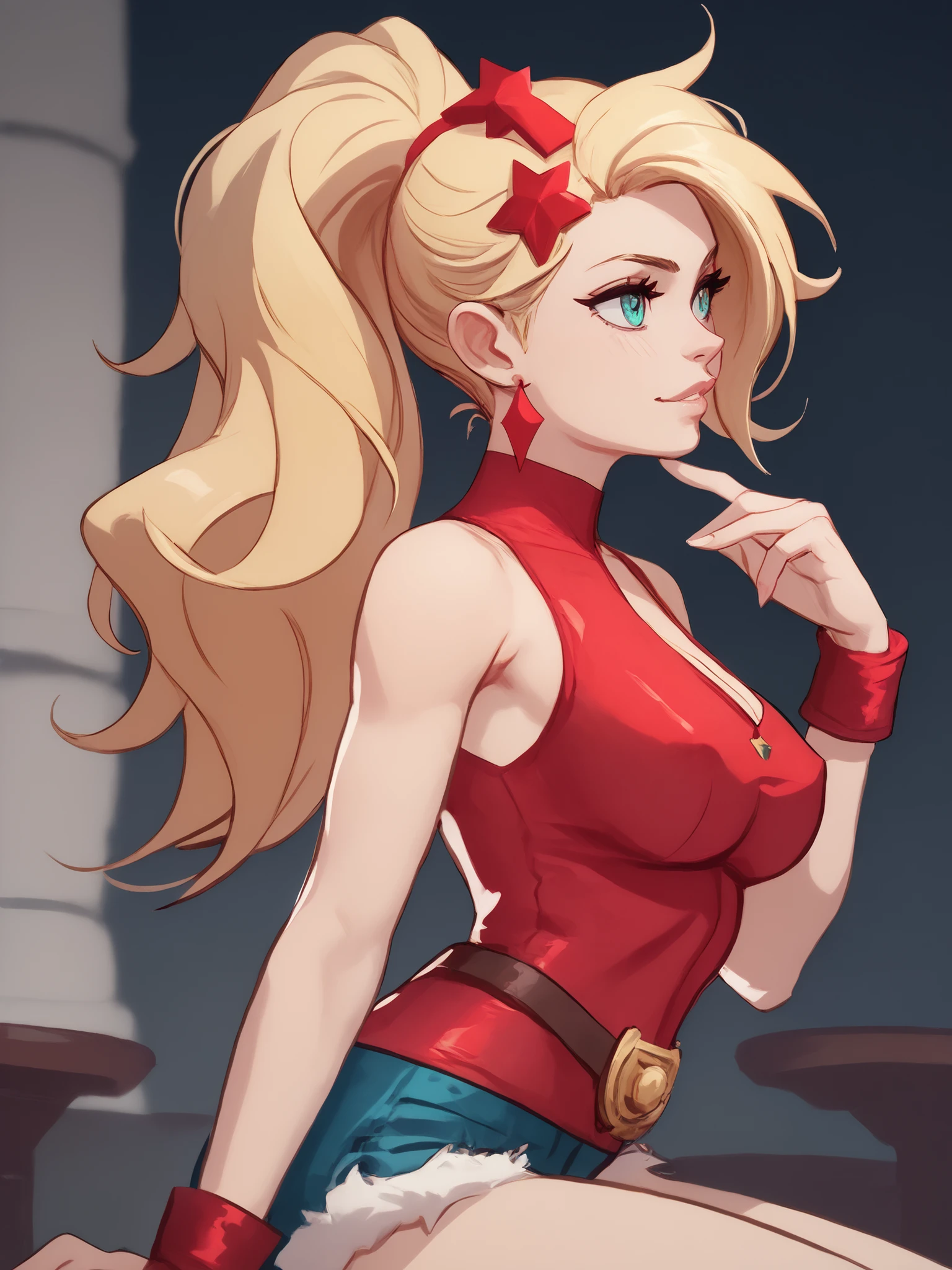 young girl, long blonde hair, Hairpin with a bundle, turquoise eyes, red tight uniform, Sleeveless, Wide neckline on the chest to the abdomen, Gold Elements, Red outfit, Shorts, Masterpiece, hiquality, 4k, HD, Good details, side view, side overview, Long Hair,