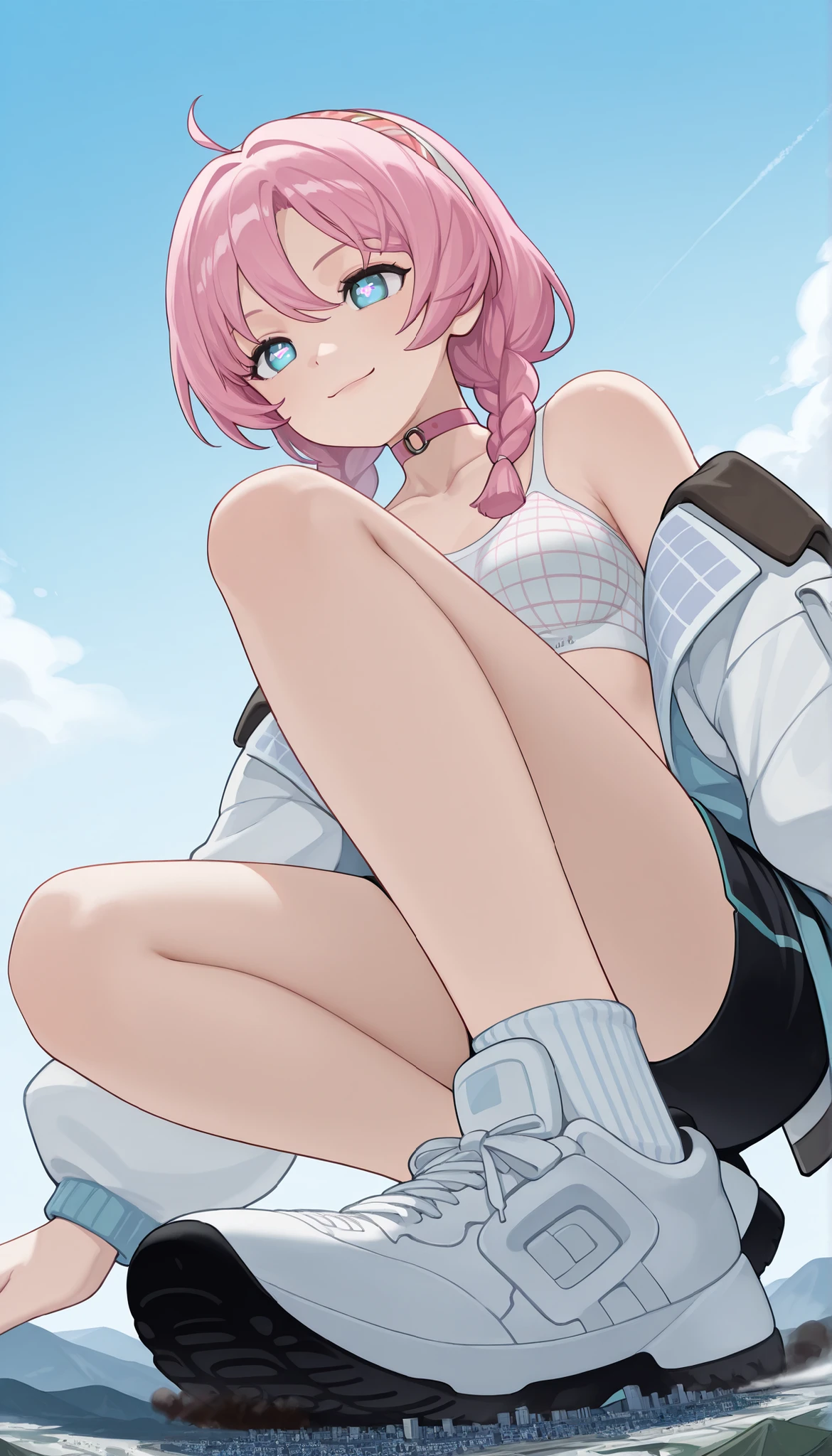 score_9_up, score_8_up, score_7_up,地面に座る, Azureus , blue eyes , symbol-shaped pupils , pink hair , long hair , twin braids , ahoge , medium breast , BREAK , Azureus_SB , SB_jacket , SB_hairband , SB_shorts , SB_sports_bra , SB_pants , SB_choker , SB_shoes BREAK , , smile ,,(giantess:1.4), microcity, 1girl, solo, collapsed city, Outdoors,(from below), masterpiece, best quality,(太い太もも:1.4),土煙,壊れた街,青空