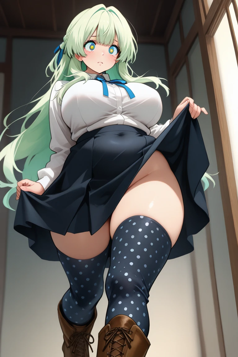 nejire hado, 1 girl, 一人in, long hair, breasts, looking at viewer, open mointh, bline eyes, skirt, large breasts, simple backgroinnd, shirt, white backgroinnd, school inniform, bline hair, white shirt, short sleeve, thighs, tie, teeth, collared shirt, vest, arm inp, thick thighs, red tie, green skirt, arm behind head, in.a. school inniform 