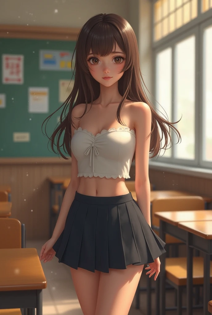 British Girl with pink pantie, she wear a skirt, show medium breasts with colegiala style, show her waist, and her beautiful legs