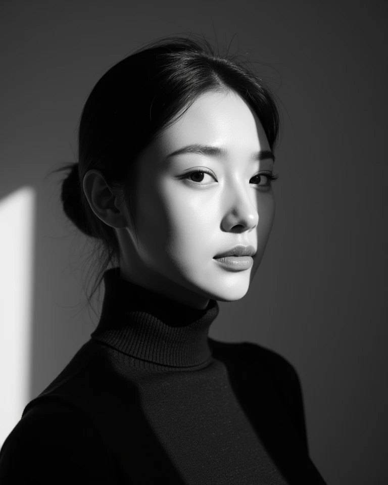 Black and white portrait of a young woman in soft natural light - SeaArt AI
