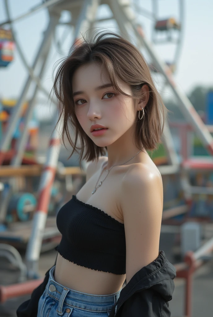(best qualtiy,8K,32K,tmasterpiece,hyper HD:1.2),Photo of beautiful body perfect Japanese woman,big cleavage breasts,Very short Bob hair,The upper part of the body,sface focus,Oversized_underdressing,choker necklace,simple backgound,from the above,looking at viewert,Wear white crop tops,Sunset,Tyndall shines on the body,